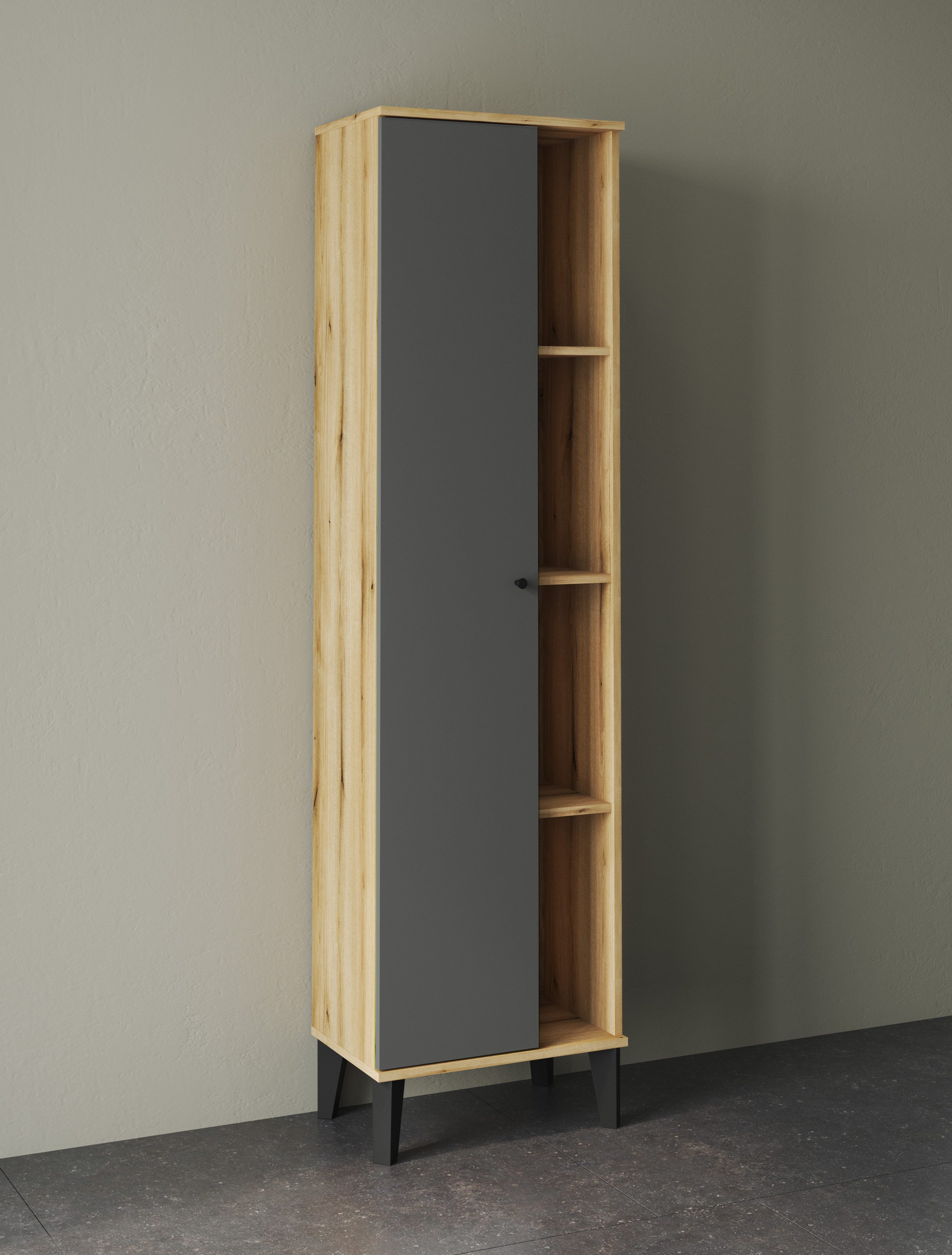 Home affaire Stauraumschrank Oslo, Badschrank mit Knopfgriff, Hochschrank im skandinavischen Design in der Türfarbe Weiß oder Grau verfügbar, ausreichend Staura – Bild 2 von 5