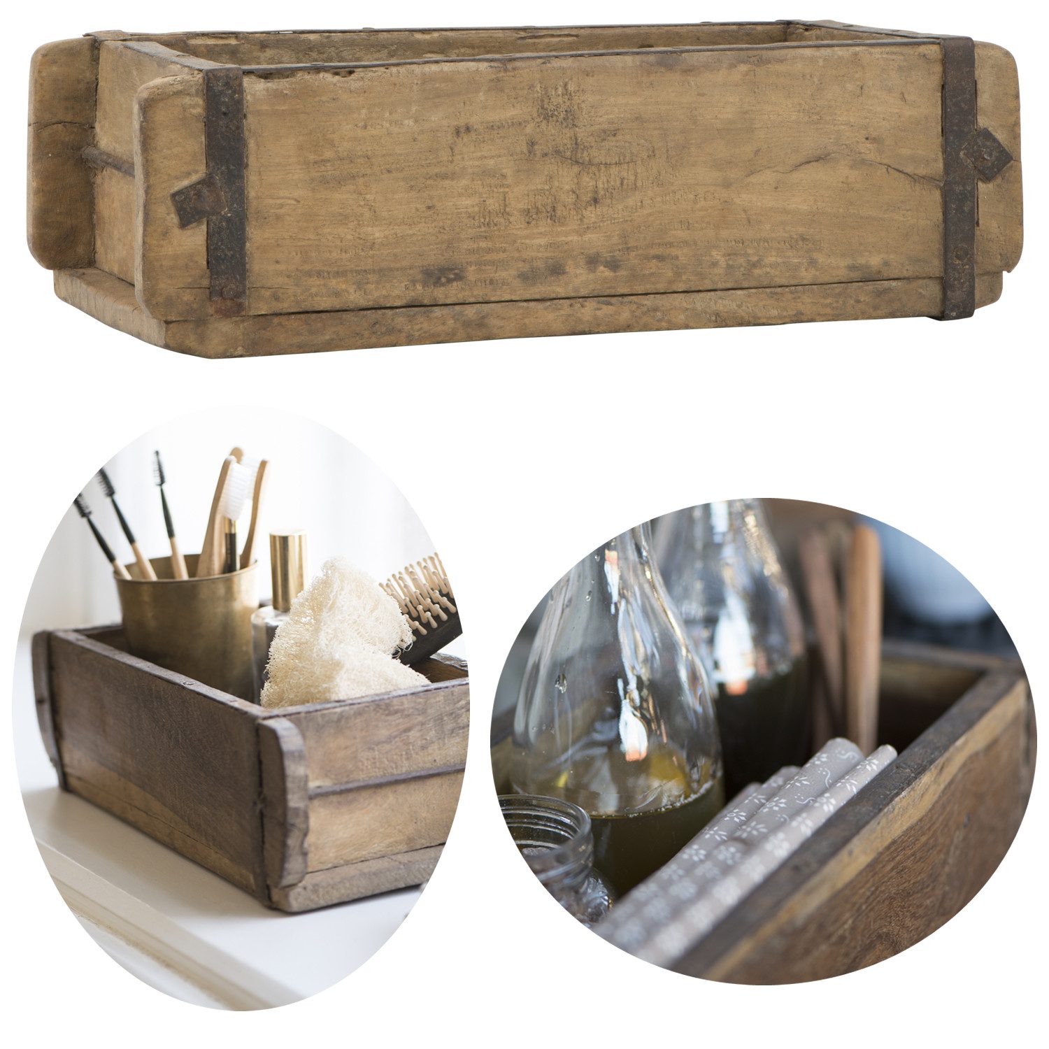 LS-LebenStil Holzkiste IB Laursen Holz Ziegelform Unika 31x15cm Braun alte Backsteinform (echte alte Vintage Allzweckkiste Holzbox mit Metallbeschlägen, 1 St., Original Unika - Rustikal - Aufbewahrungsbox Holzkasten Pflanzkübel), Rustikale Ordnungsbox Allzweckkiste Aufbewahrungskiste