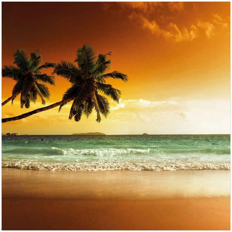 Wallario Memoboard Palmen am Sandstrand bei untergehender Sonne
