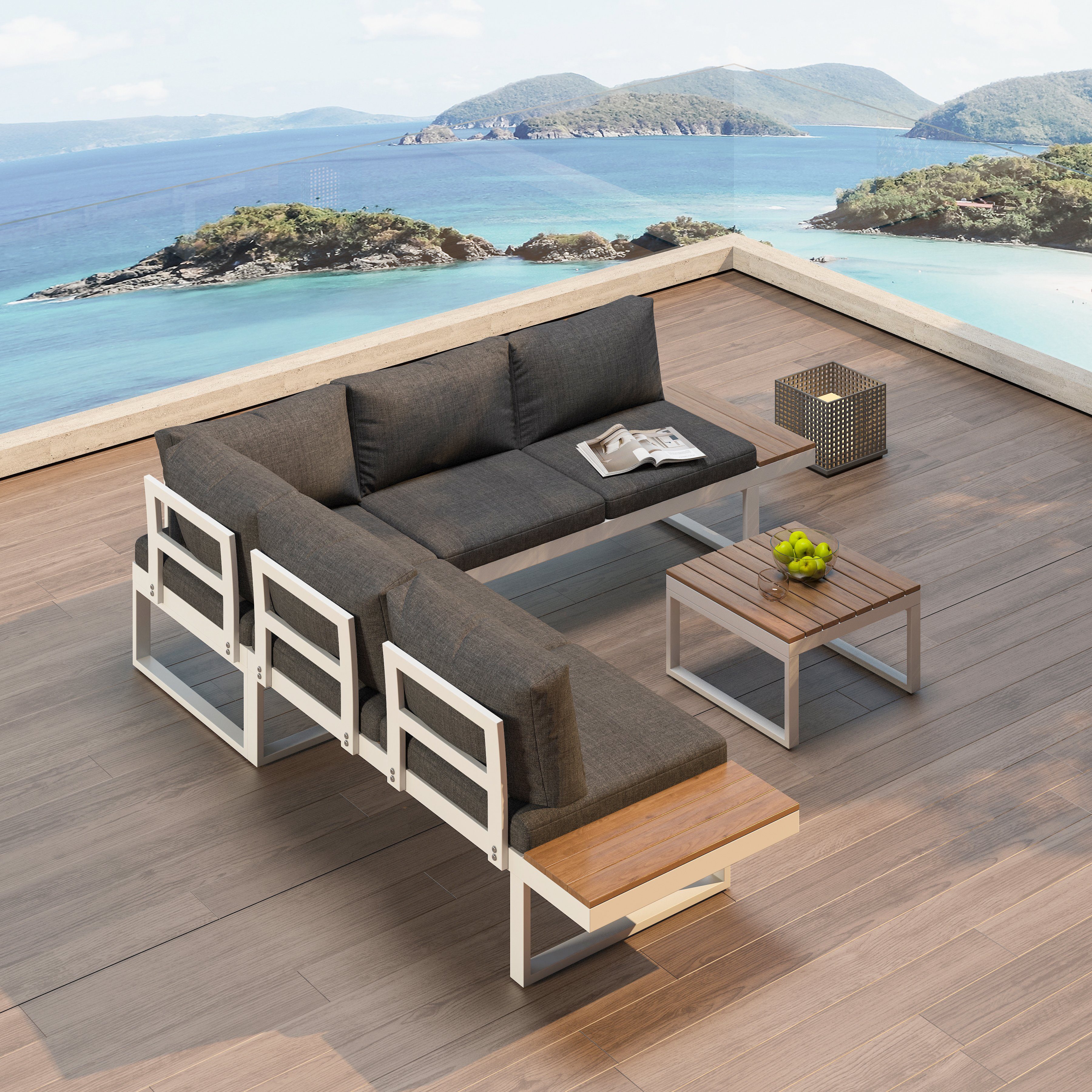 Gartenlounge-Set, (Lounge-Set), aus Galvanisiertes Stahl & Holz-Kunststoff-Platte
