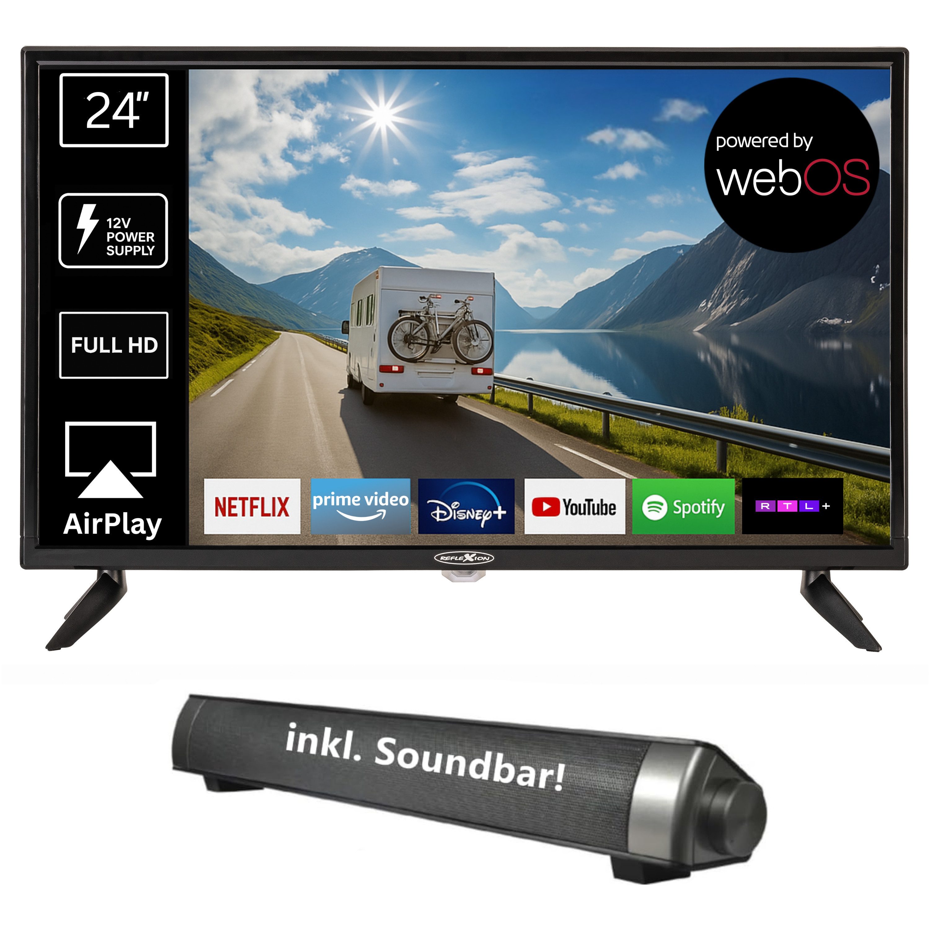 Reflexion LED24IBT LED-Fernseher (60,00 cm/24 Zoll, Full HD, Smart-TV, powered by webOS Hub (LG), DC IN 12 Volt, Netzteil 230 Volt, DVB-T2HD/S2/C, Bluetooth, WLAN)