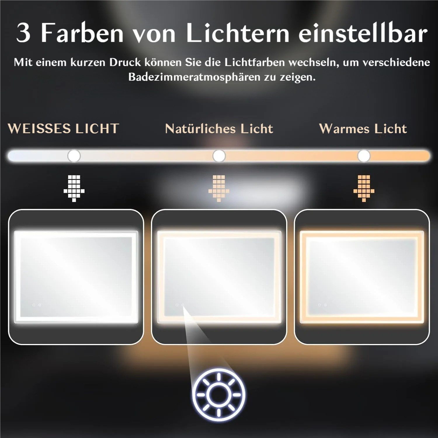 TLGREEN Badspiegel mit Beleuchtung,LED Spiegel mit 3 Lichtfarben und dimmbar, (Touch-Schalter und Beschlagfrei, gehärtetes Glas) – Bild 4 von 5