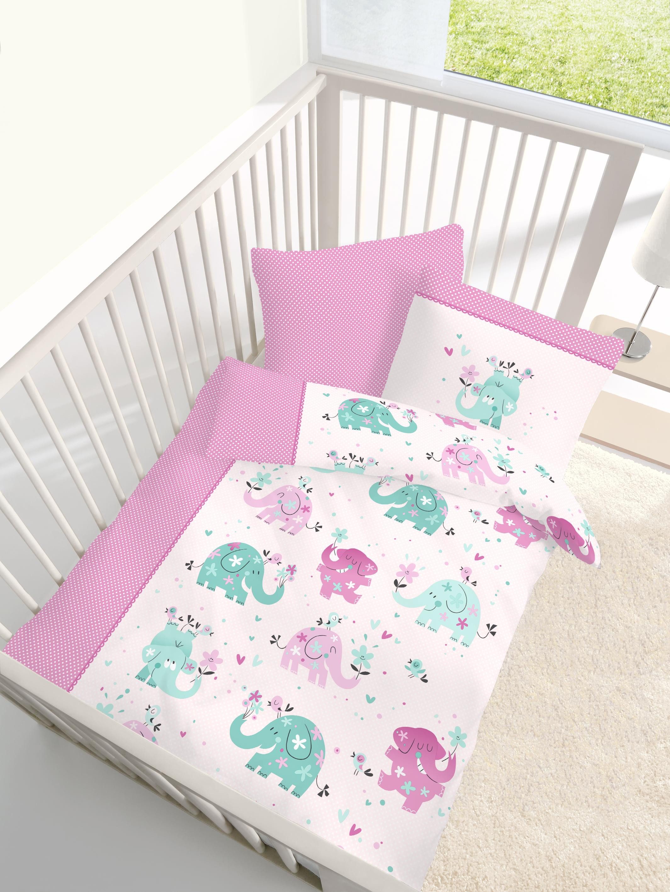DOBNIG Babybettwäsche Biber Kinderbettgarnitur rosa Elefanten-Motiv 2-tlg. günstig online kaufen
