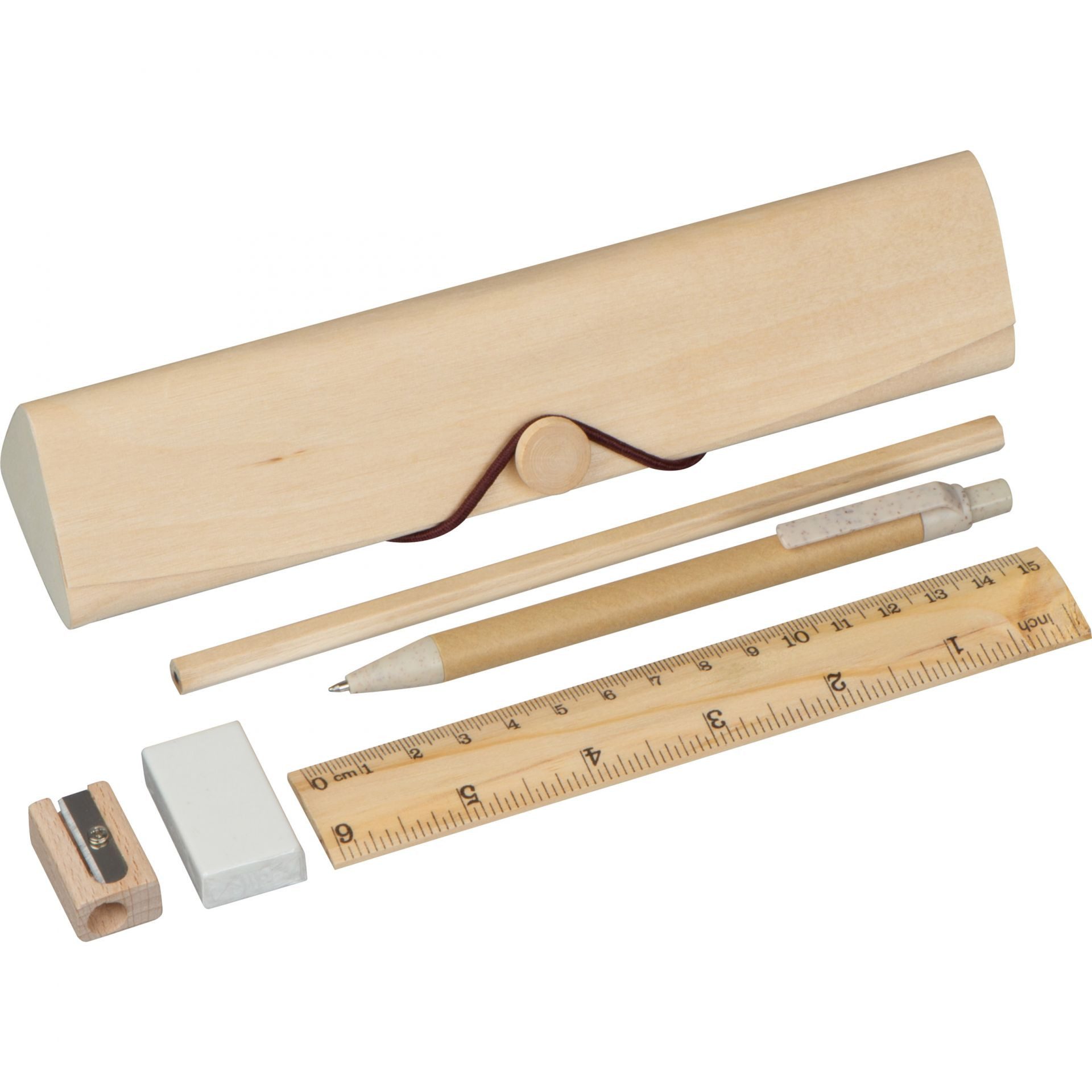Easy Gifts Kugelschreiber Schreibset aus Holz mit Lineal, Kugelschreiber, Radiergummi, Bleistift