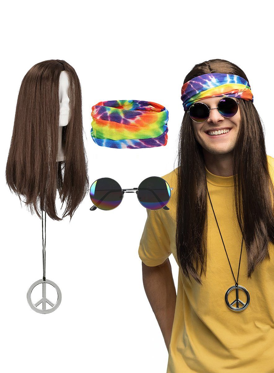Boland Kostüm-Perücke Hippie Set mit Perücke - Karneval Faschingskostüm, Voll peaciges Zubehör für langhaariger 68er