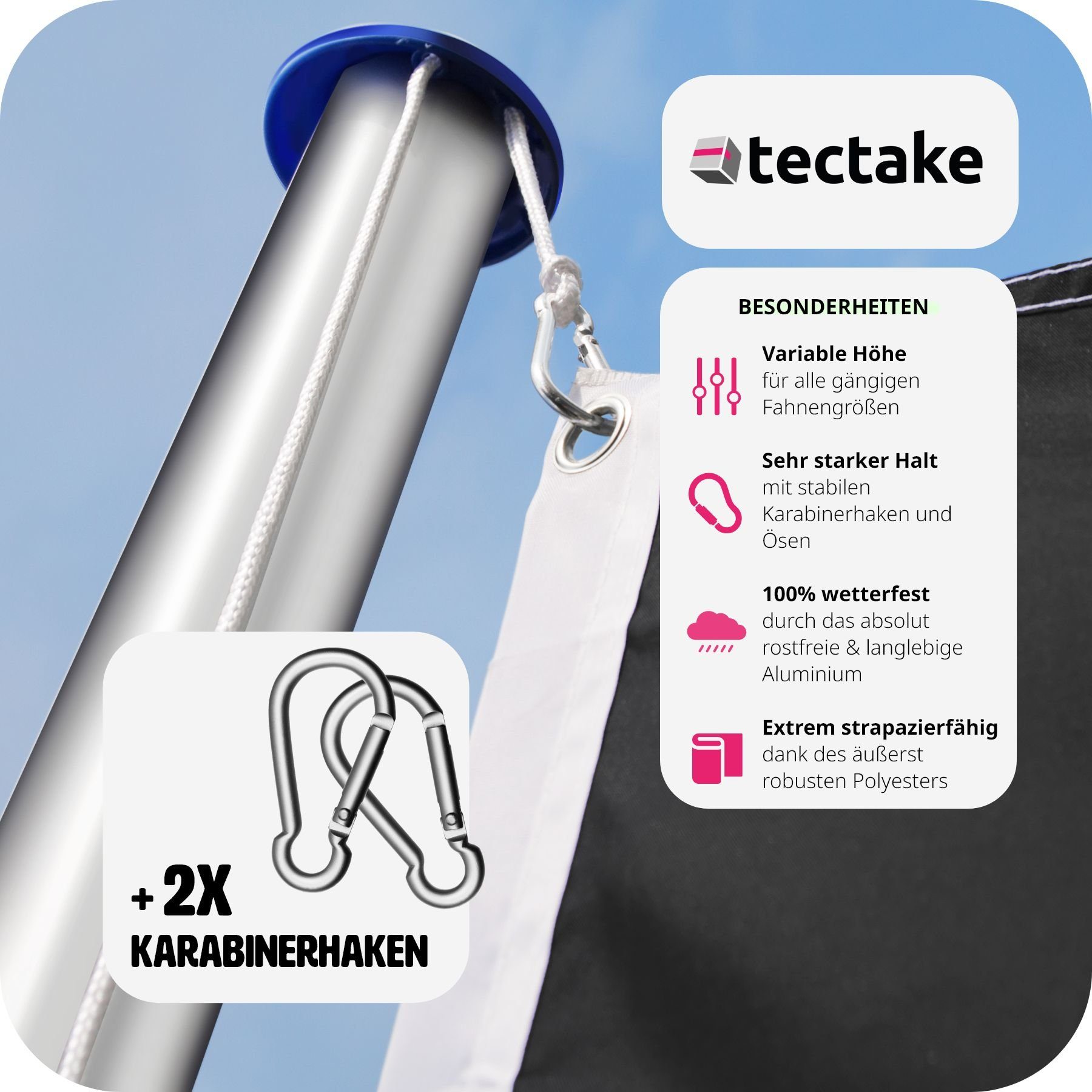 tectake Fahne Aluminium Fahnenmast mit Deutschland Flagge in 6,25 m Höhe (Komplettset, Mast, Flagge, Bodenhülse, Flaggenseil und Abdeckung + Aufbauanleitung), höhenverstellbar im Stecksystem, inklusive Seilzug und Erdanker