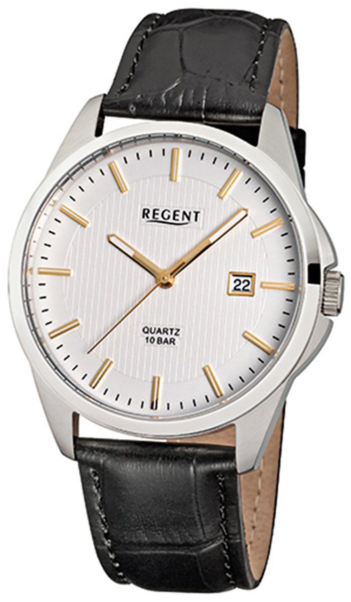 Regent Quarzuhr Regent Herren-Armbanduhr Analog, Herren rund, Armbanduhr schwarz Lederarmband (ca. mittel 39mm)