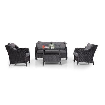 Kuffe Gartenlounge-Set Ascot Gartenmöbel Polyrattan 6-tlg(2er Sofa,Sessel, Hocker,Glas Tisch)