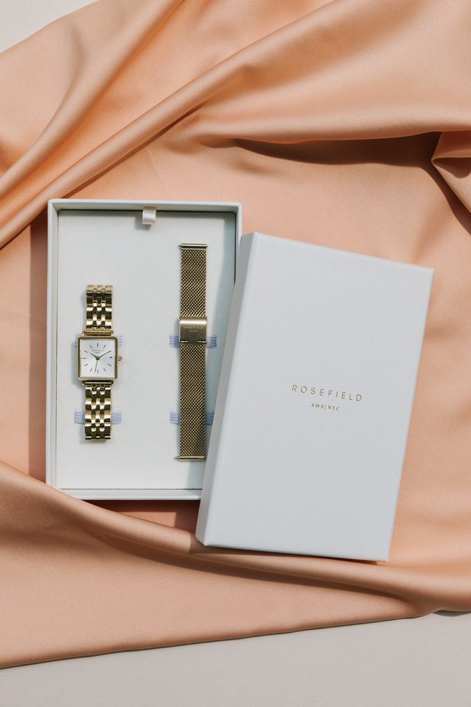ROSEFIELD Quarzuhr ROSEFIELD Boxy XS Gift Set Damen Geschenkset 24mm + Mesh-Armband Goldf