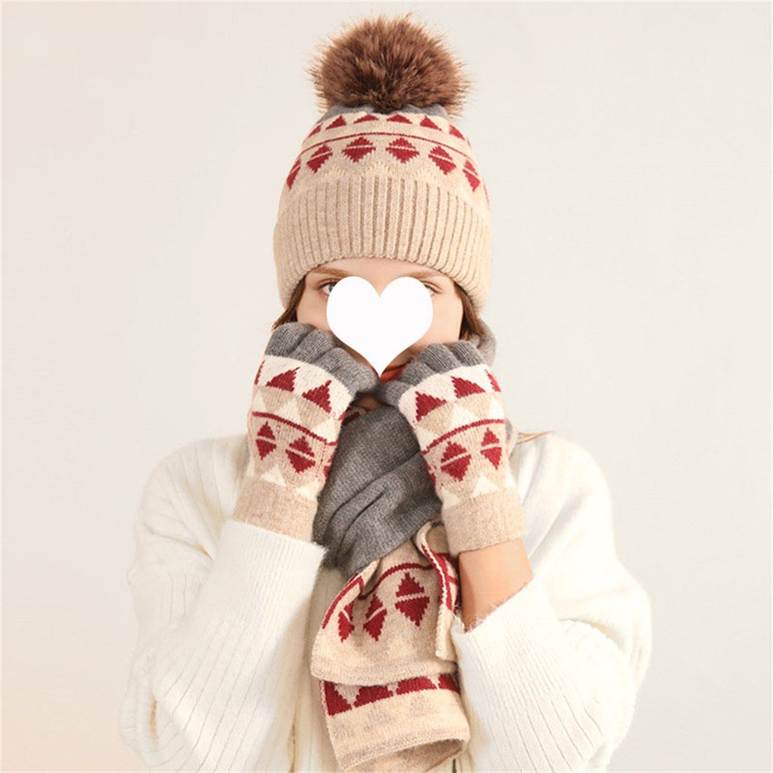 Warme Schal Strickmütze + Winter Warmes Rot Mütze Kälteschutz DÖRÖY St., 3 + Handschuhe Set
