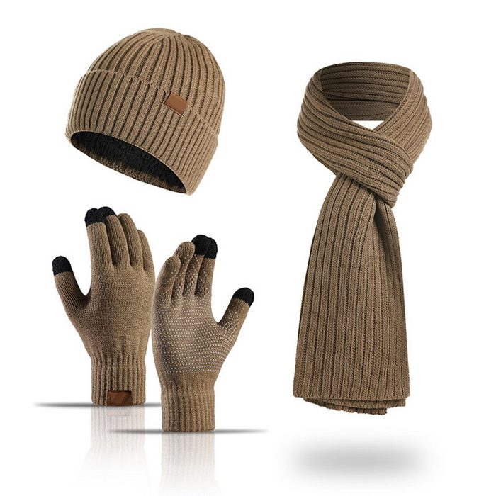 Leway Strickhandschuhe Strickmütze Anzug Winter einfarbig Schal Hut dreiteiliges Set