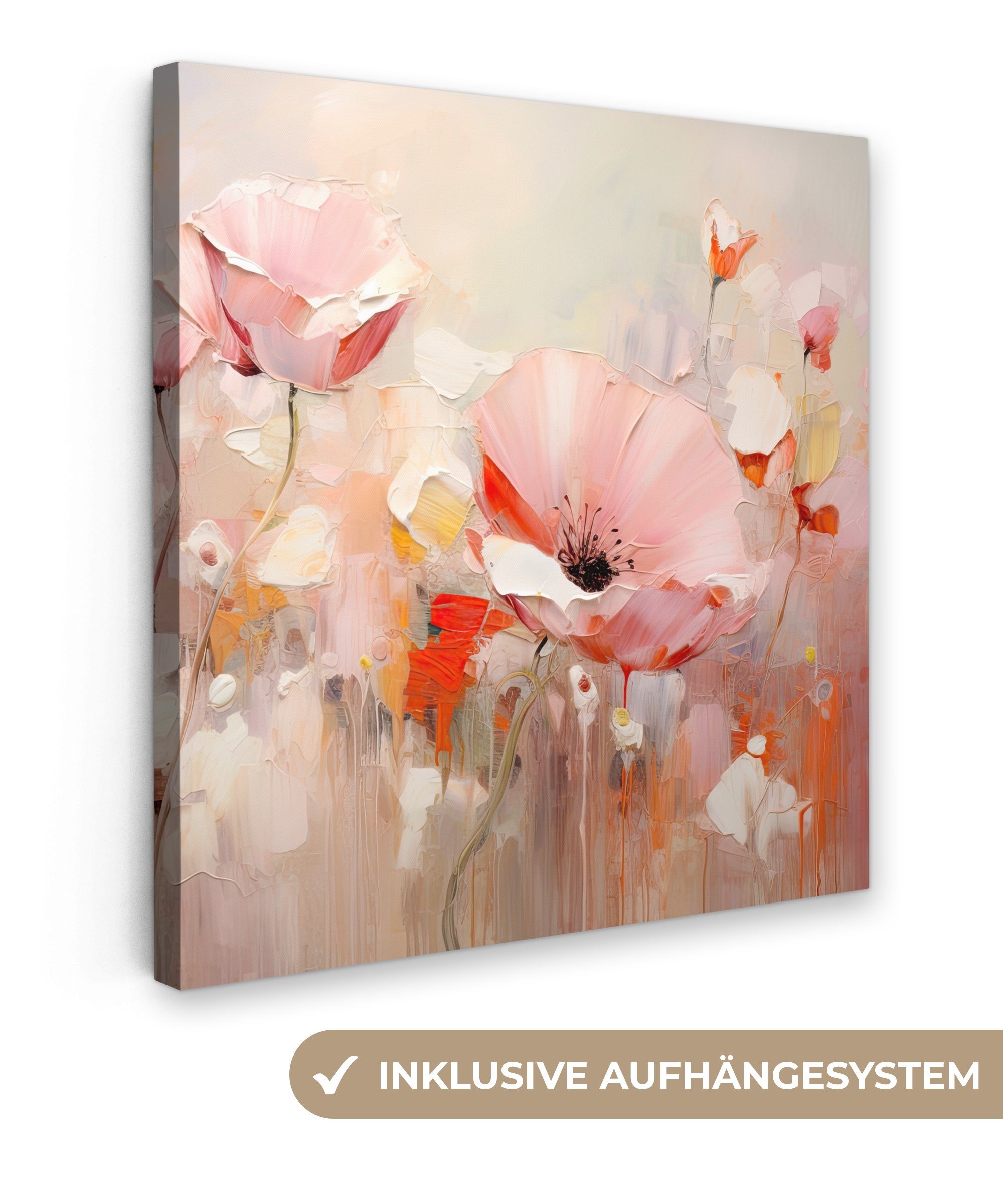 (1 Abstrakt Schlafzimmer, - St), Blumen Rosa 20x20 cm Leinwandbild - Wohnzimmer - für Aquarell - Bilder Leinwand Kunst, OneMillionCanvasses®