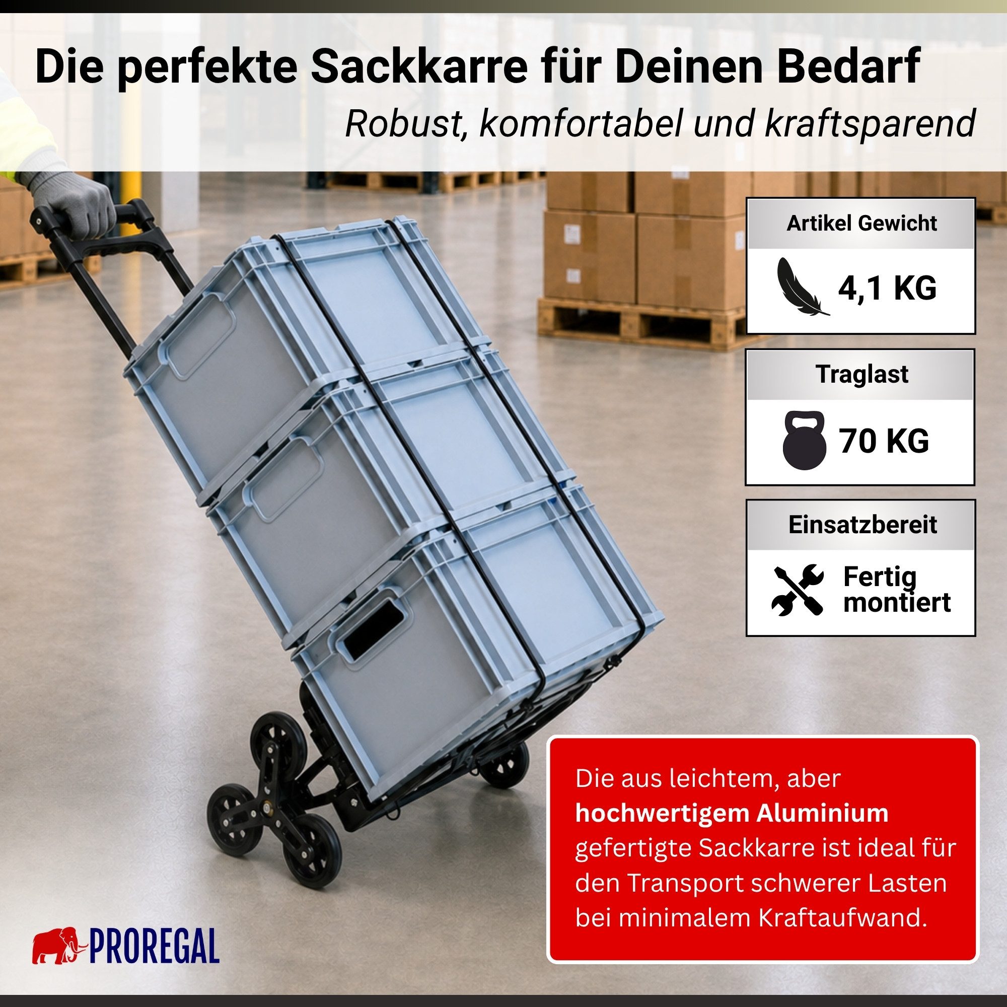 PROREGAL® Sackkarre ELEPHANT mit Profi-Alu-Rahmen klappbar ergonomisch Vollgummibereifung, Klappbare Sackkarre Transportkarre Staplerkarre hohe Traglast