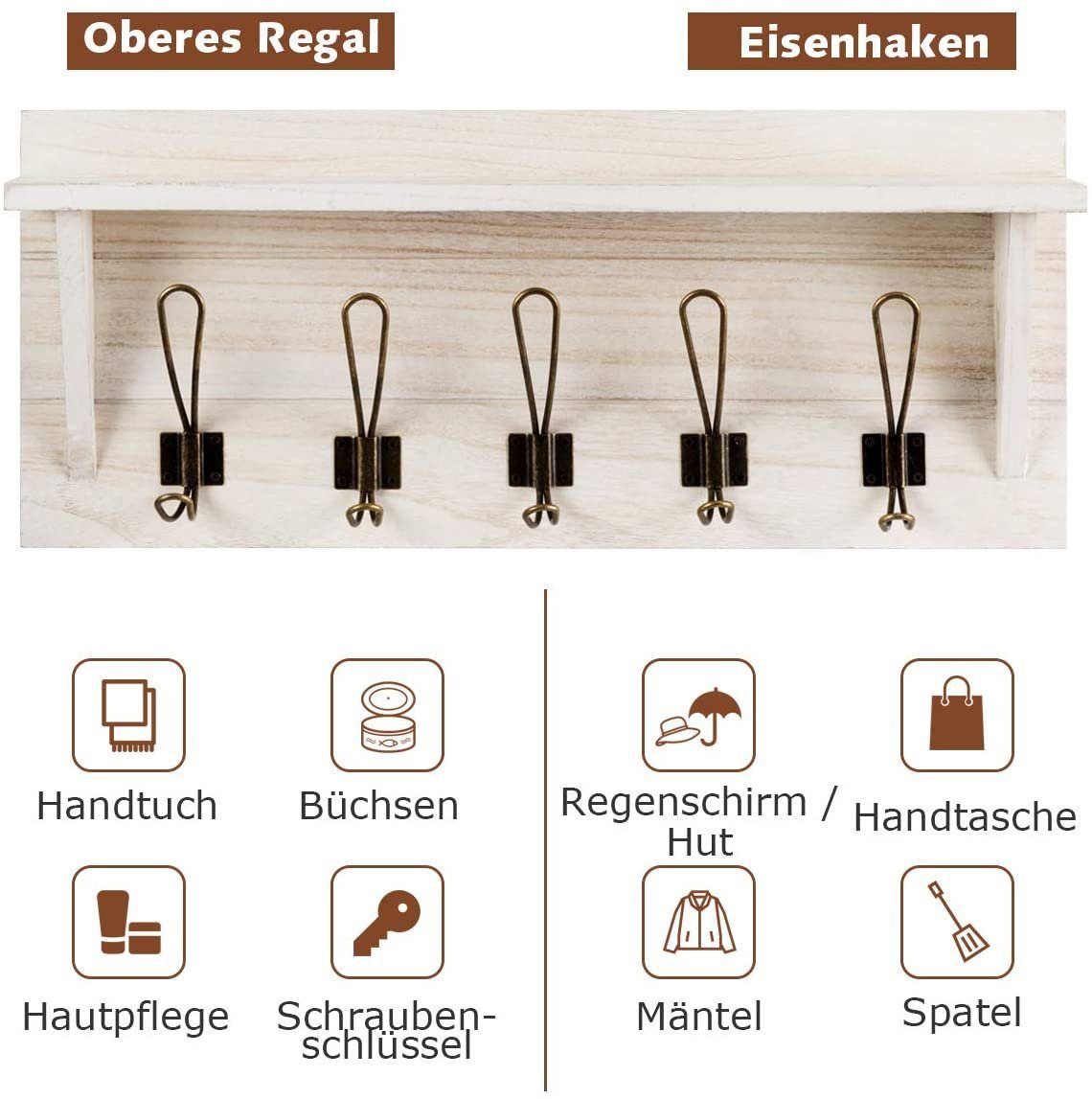 Wandgarderobe Ablage mit Haken COSTWAY und Garderobenhaken, 5 Weiß