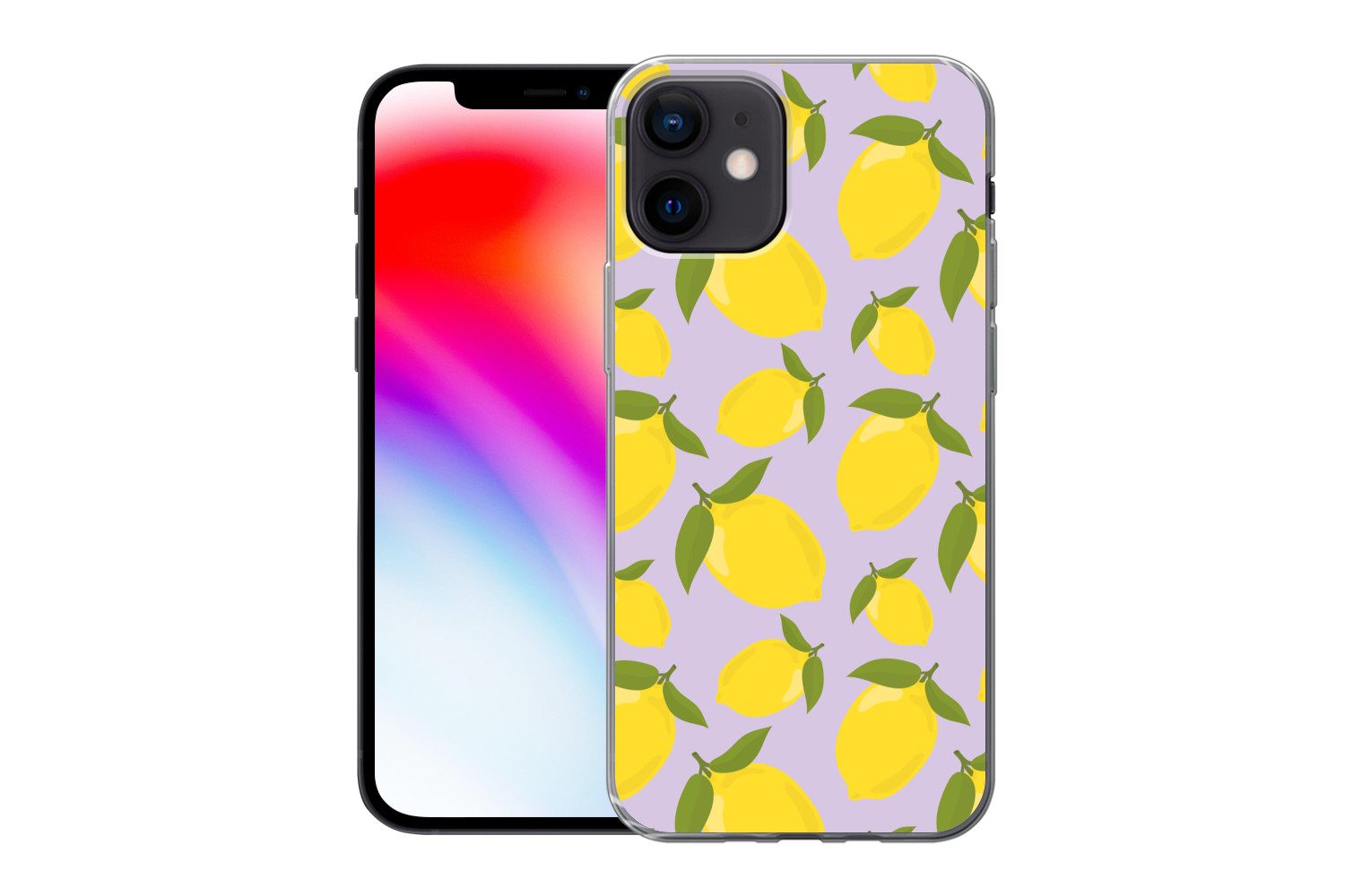 MuchoWow Handyhülle für Apple iPhone 12 Muster Zitronen - Gelb - Lila - Muster - Früchte, Smartphone-Bumper, Print, Handy Schutzhülle Dünn