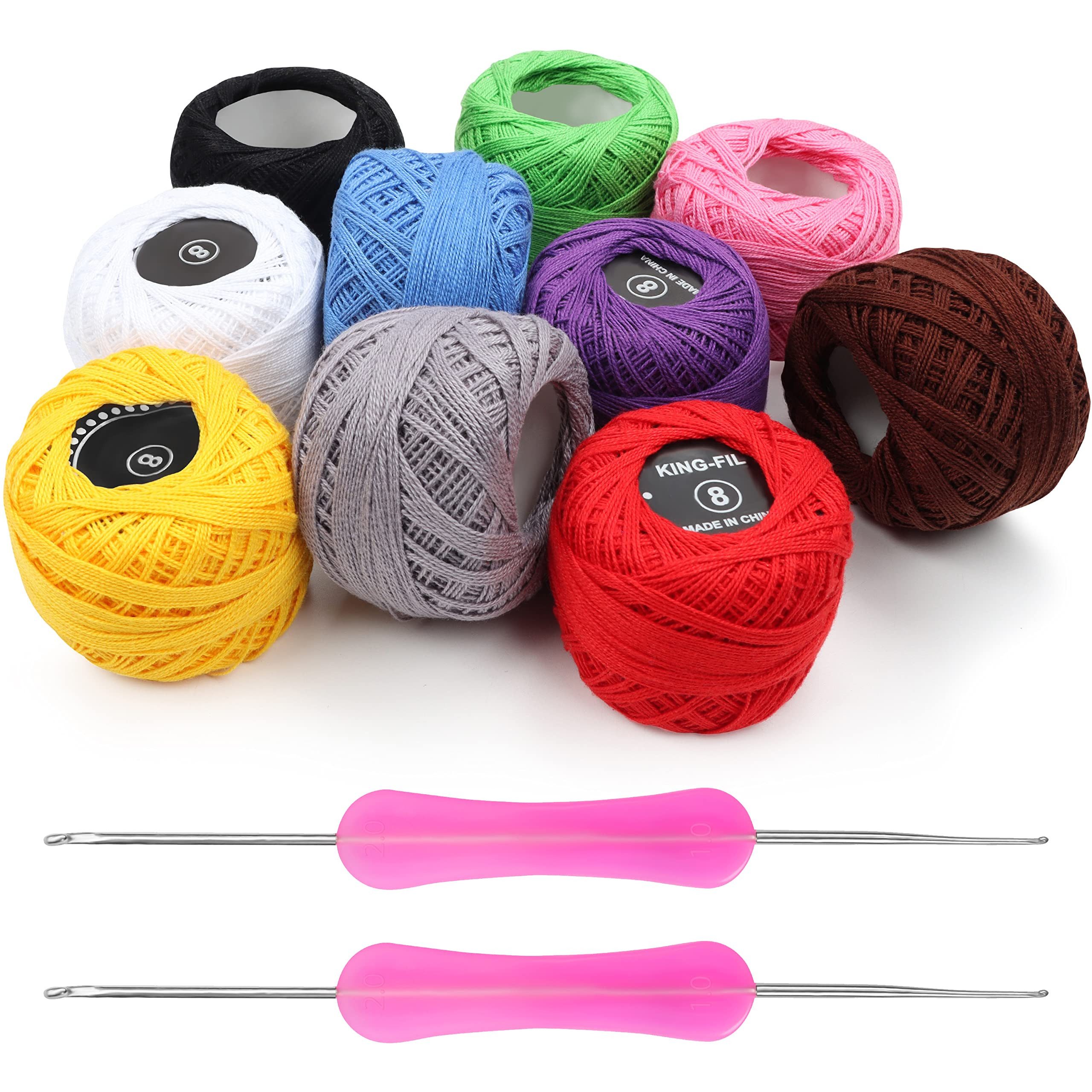 Kurtzy 10er Packung Baumwollhäkelgarn mit Nadeln - 20g pro Knäuel, 1500m Nähgarn, (10-St)