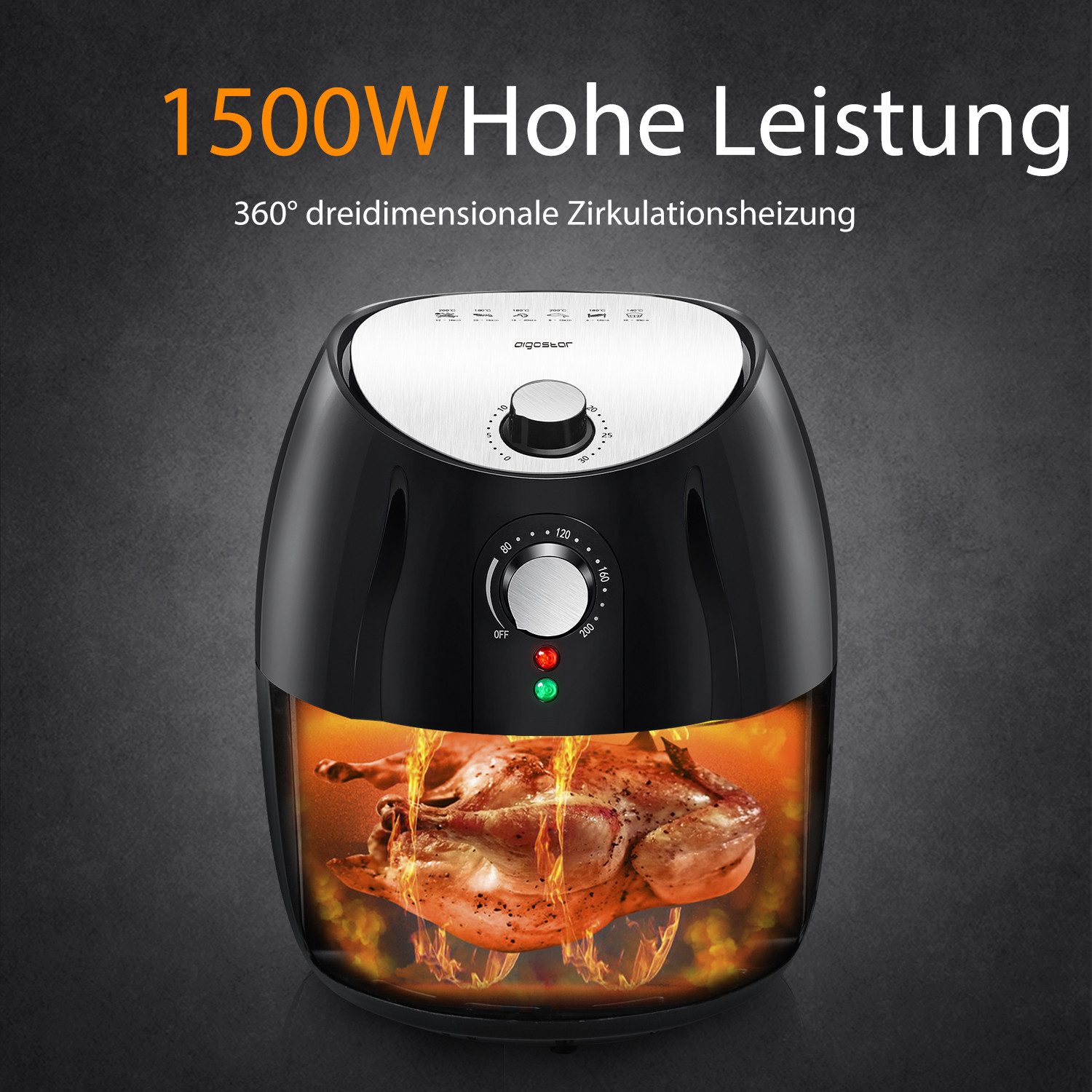Aigostar Heißluftfritteuse 4L Airfryer, 30 Mins Timer, Einstellbare Temperatur, fettarmes Kochen, Überhitzungsschutz, 1500,00 W, Verschiedene Kochmethoden, 50% Energie sparen, Leicht zu reinigen