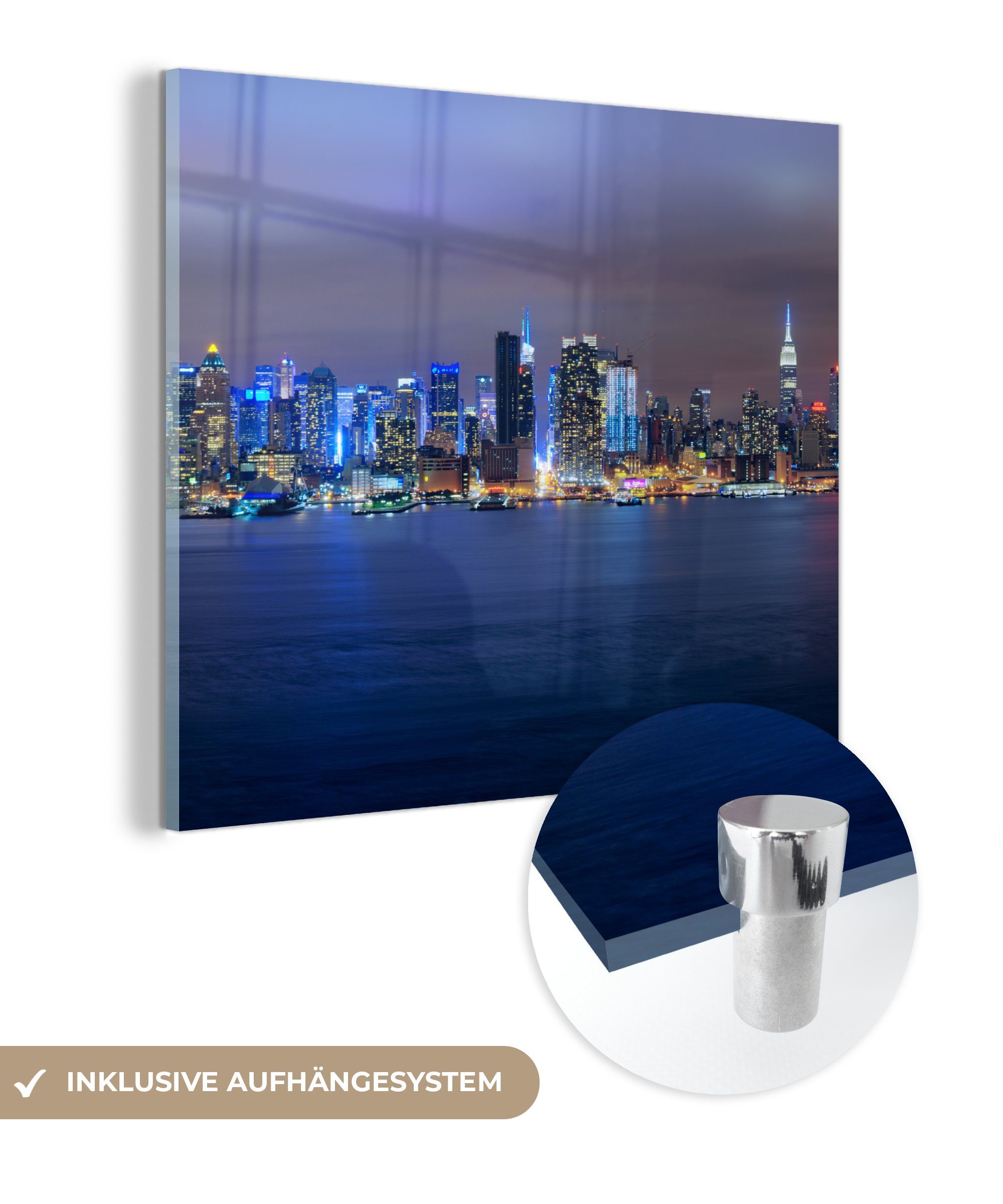 MuchoWow Acrylglasbild New York - Skyline - Nacht, (1 St), Glasbilder - Bilder auf Glas Wandbild - Foto auf Glas - Wanddekoration bunt