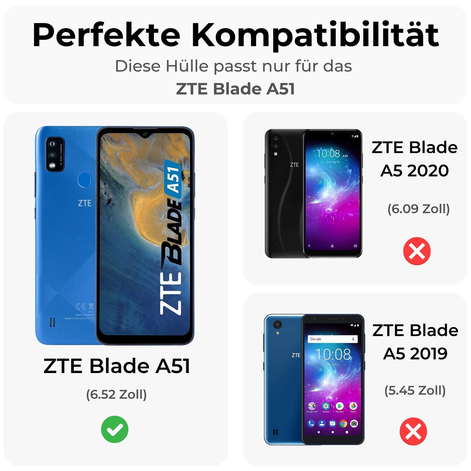betterfon Handyhülle Handytasche für ZTE Blade A51 Klapphülle Schwarz, 3 Kartenfächer, Magnetverschluss & Standfunktion im Lederlook