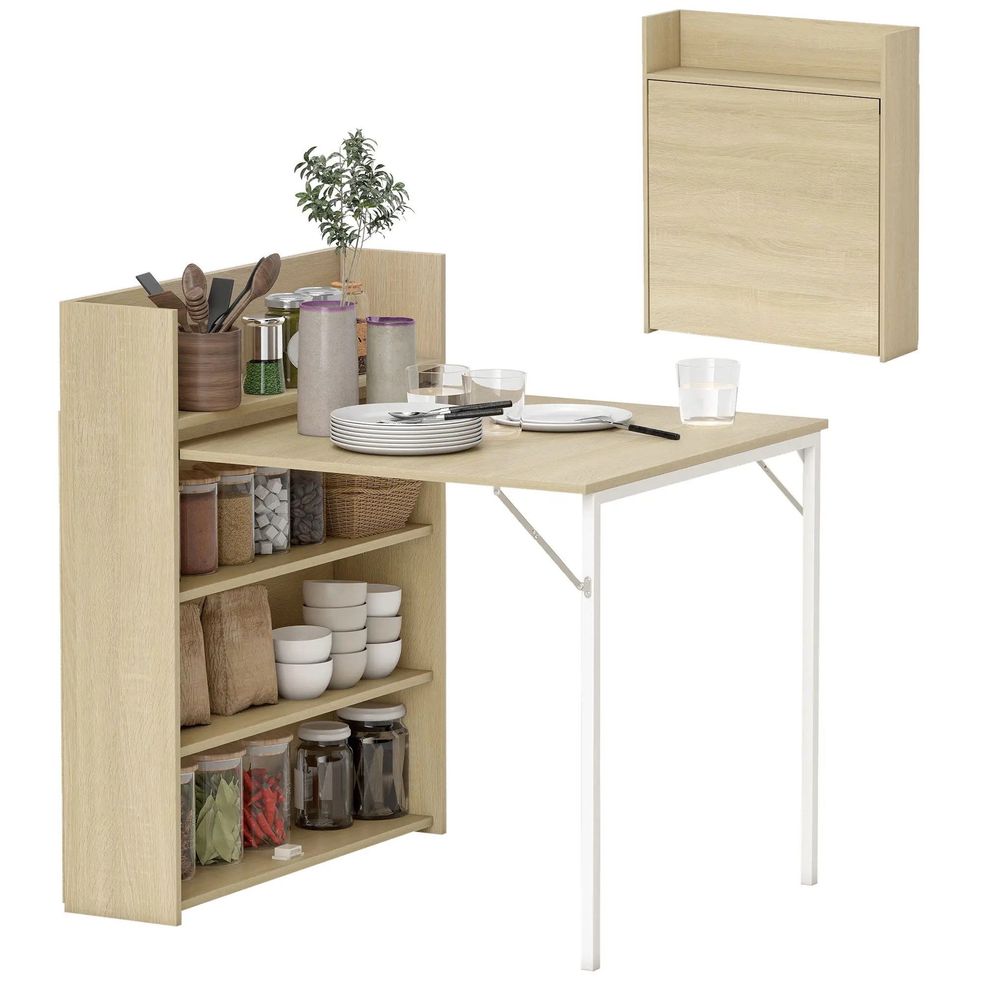 BlingBin Küchentisch Esstisch Klappbar für 3 Personen Klapptisch mit 4-stufigen Regalen (1er Set, 1-St., 78,5 x 91 x 93 cm), Klapptisch Moderner Esszimmertisch für kleine Räume, Küche