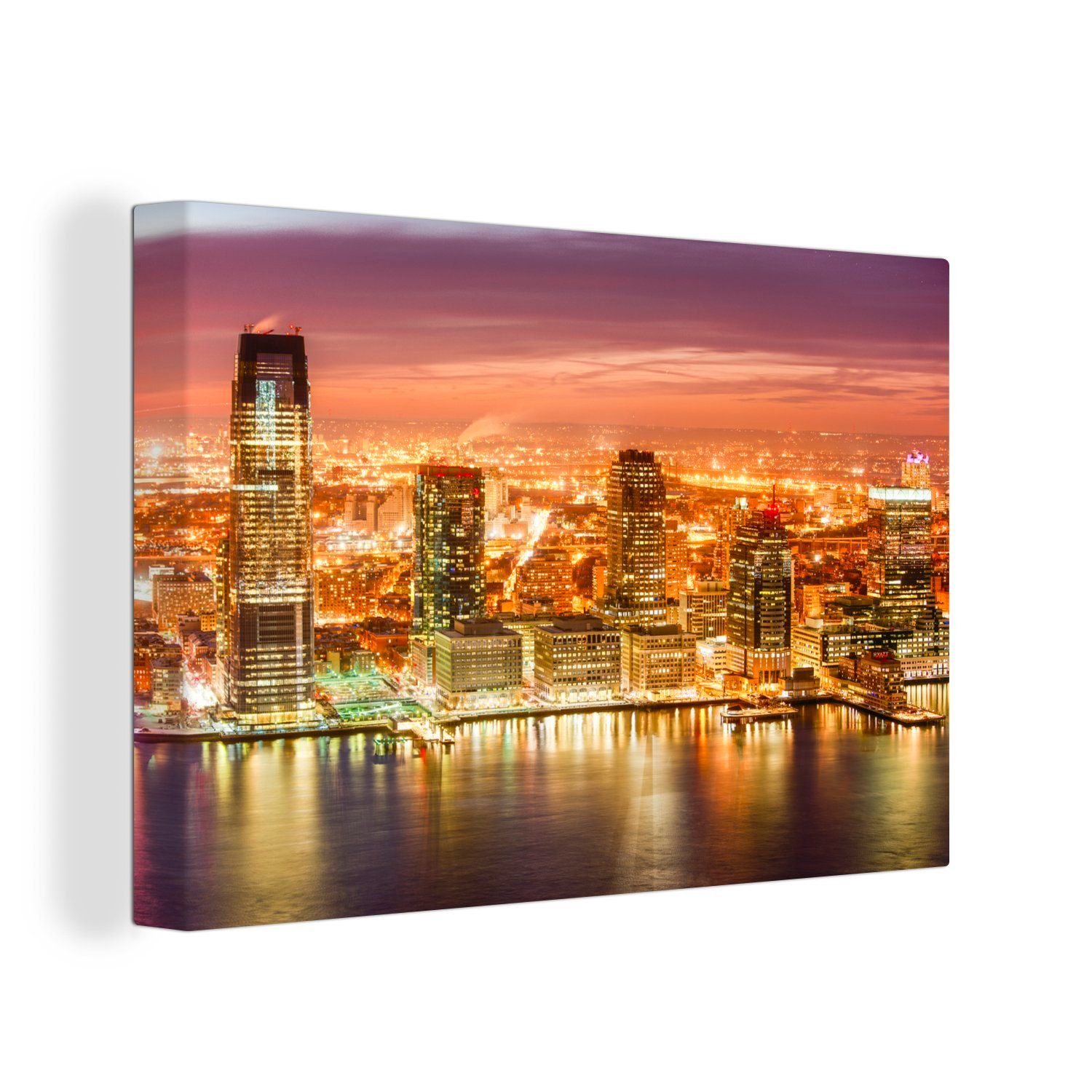 OneMillionCanvasses® Leinwandbild Die Lichter von Jersey City leuchten im Hudson River in Amerika, (1 St), Wandbild Leinwandbilder, Aufhängefertig, Wanddeko, 30x20 cm