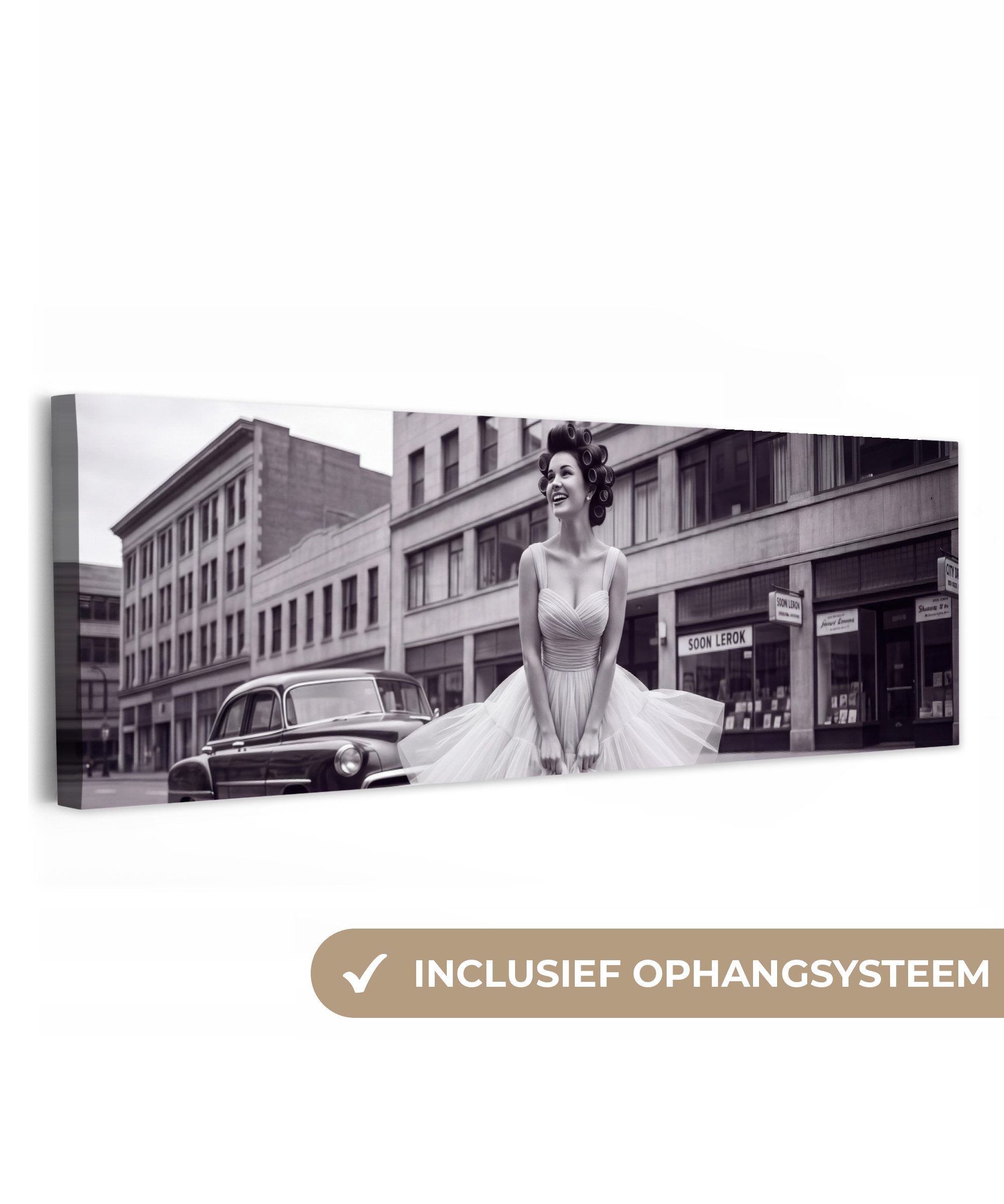 OneMillionCanvasses® Leinwandbild Panorama Retro - Frau - Schwarz - Weiß, Fotodruck (1 St), Wandbild, Deko Schlafzimmer Wohnzimmer Flur 60x20 cm