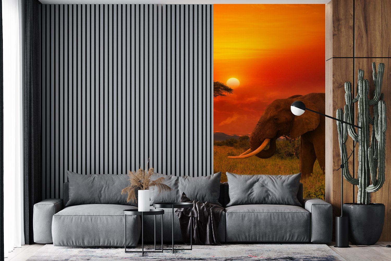 Vliestapete für Elefant Sonnenuntergang Küche, Fototapete MuchoWow (2 bedruckt, Orange Fototapete - Wohnzimmer Savanne Schlafzimmer Matt, Tiere, - - St), -