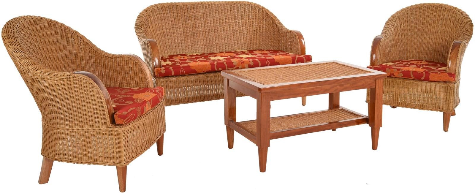 Krines Home Sitzgruppe Set/4 Rattangruppe Club Stil Rattan Garnitur Sitzgruppe Rattanset, (4-tlg., 2x Sessel, 1x Zweisitzer, 1x Tisch mit Ablage), aus Rattan Naturmaterial