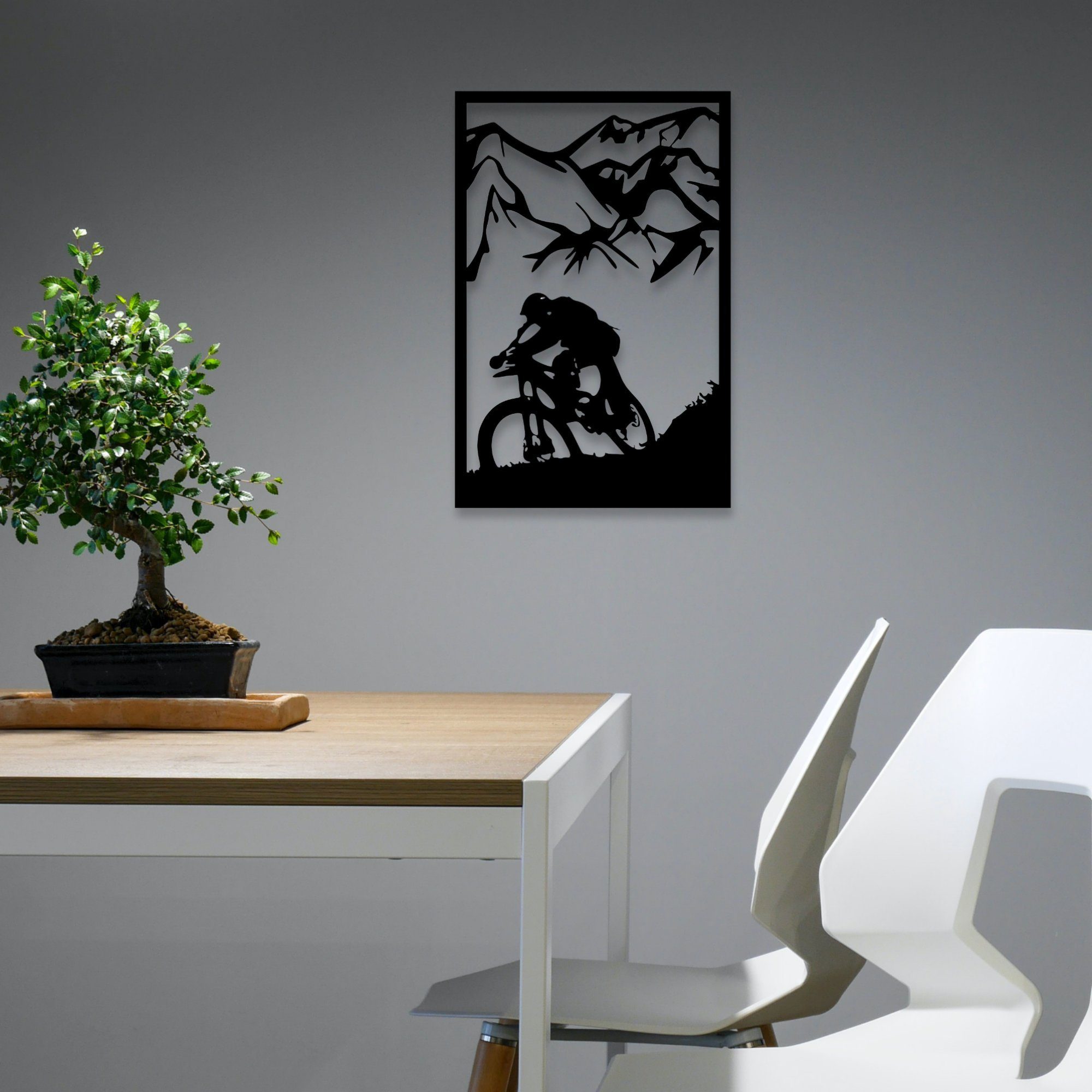 WoodFriends Wandbild Wandbild aus Holz Mountainbike Fahrrad Holzschild zum Aufkleben, Berglandschaft Downhill Fahrrad Berge