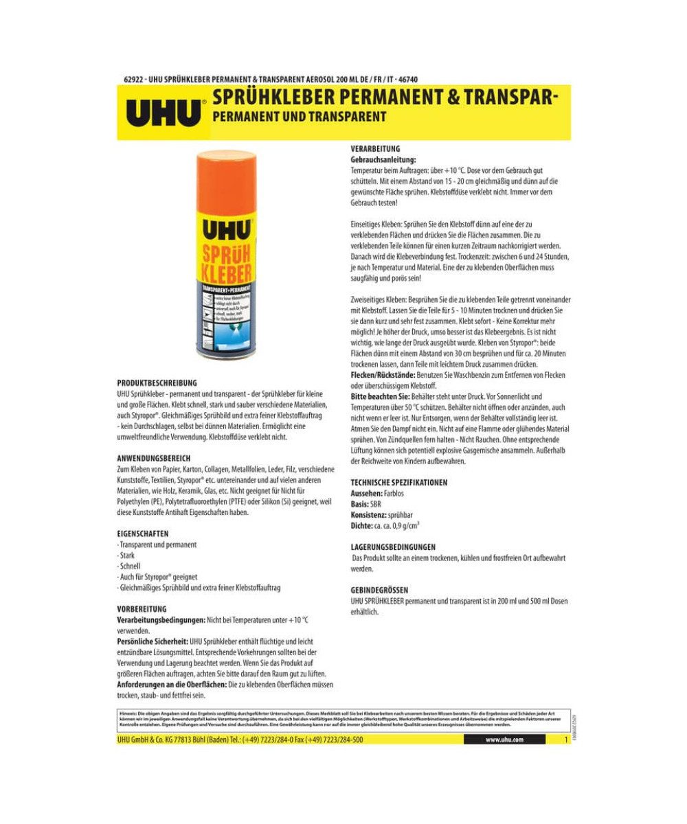 UHU Sprühkleber UHU Sprühkleber 200ml, (Packung, 1-tlg), Glasklar, für unsichtbare Verbindungen