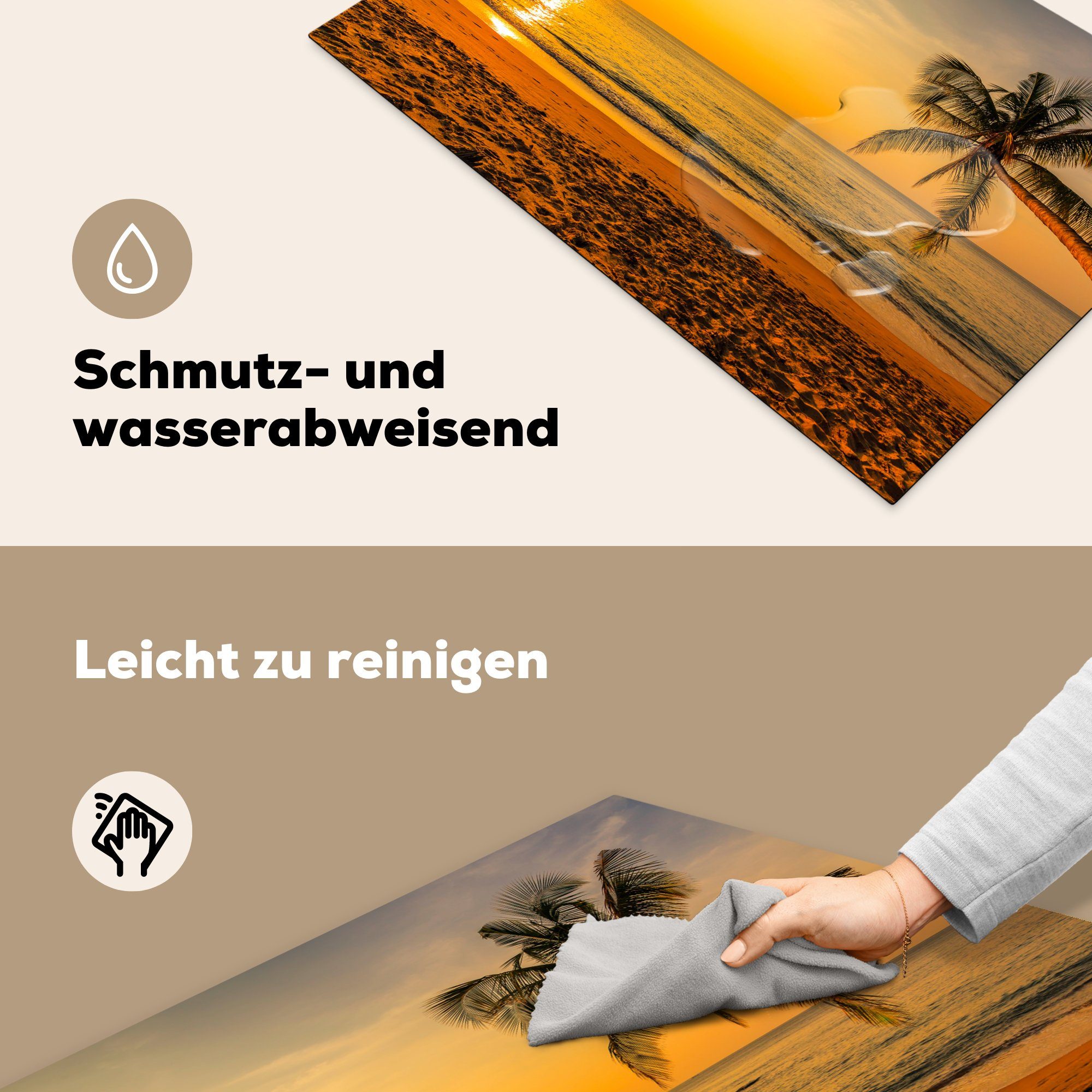 küche, - Meer, die Induktionskochfeld 81x52 - Strand cm, tlg), (1 - für Herdblende-/Abdeckplatte Ceranfeldabdeckung Vinyl, Sonnenuntergang MuchoWow Palme Schutz