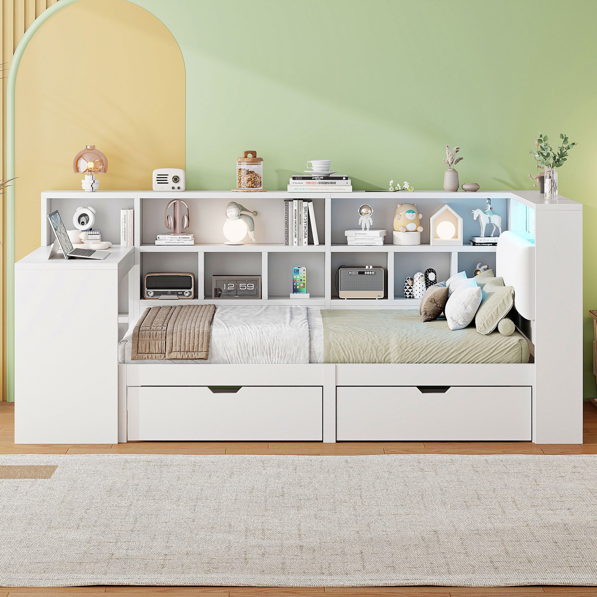 REDOM Stauraumbett Funktionsbett,Einzelbett,Kinderbett,Jugendbett (L-förmiges Holz-Plattformbett mit integriertem Schreibtisch, LED-Beleuchtung und Bücherregal – Weiß für Homeoffice, kleine Schlafzimmer und multifunktionale Räume, 90x200), mit Schreibtisch und Bücherregal