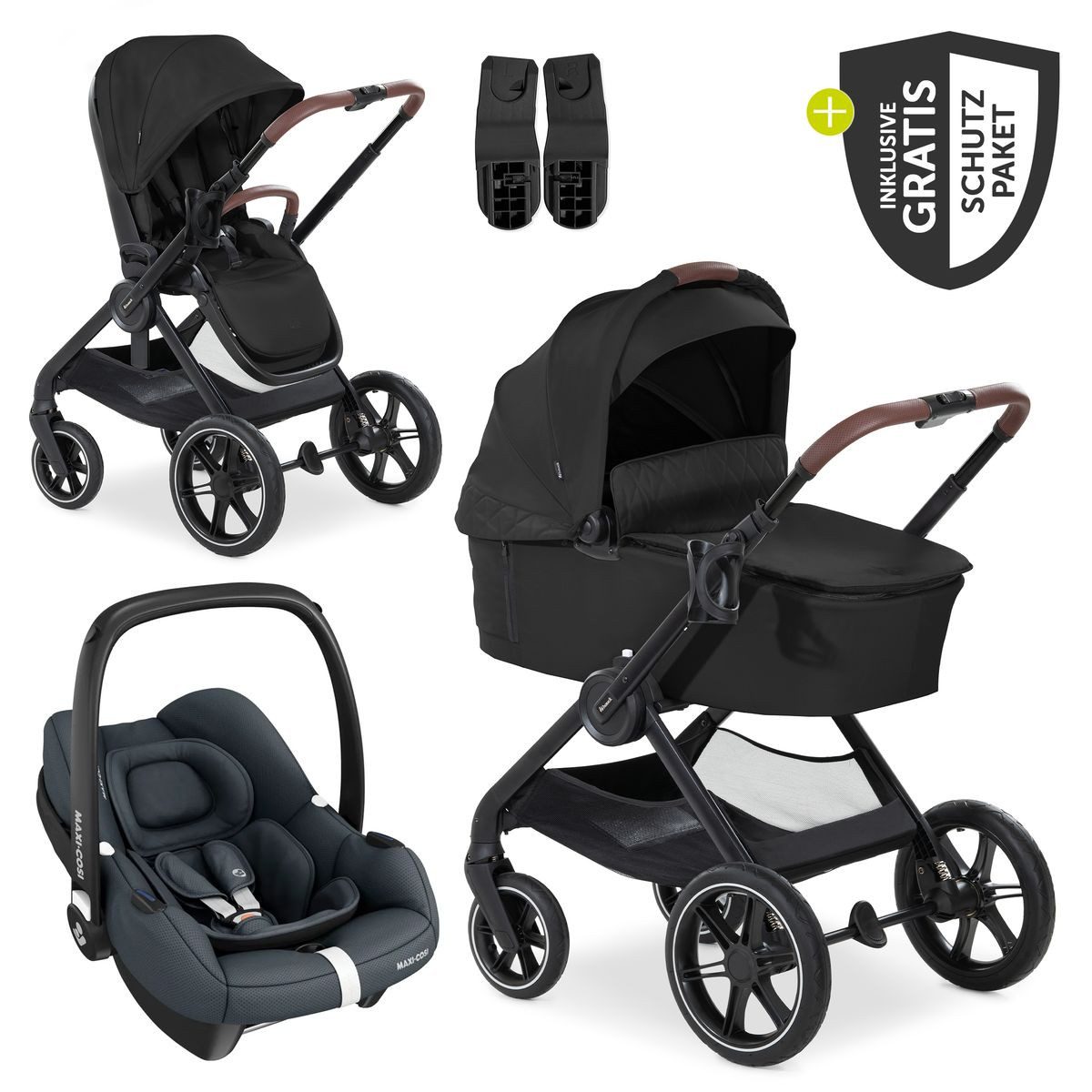Hauck Kombi-Kinderwagen Walk N Care Trio Set - Black, 3in1 Kinderwagen Buggy mit Maxi Cosi Cabriofix, Babywanne & Zubehör
