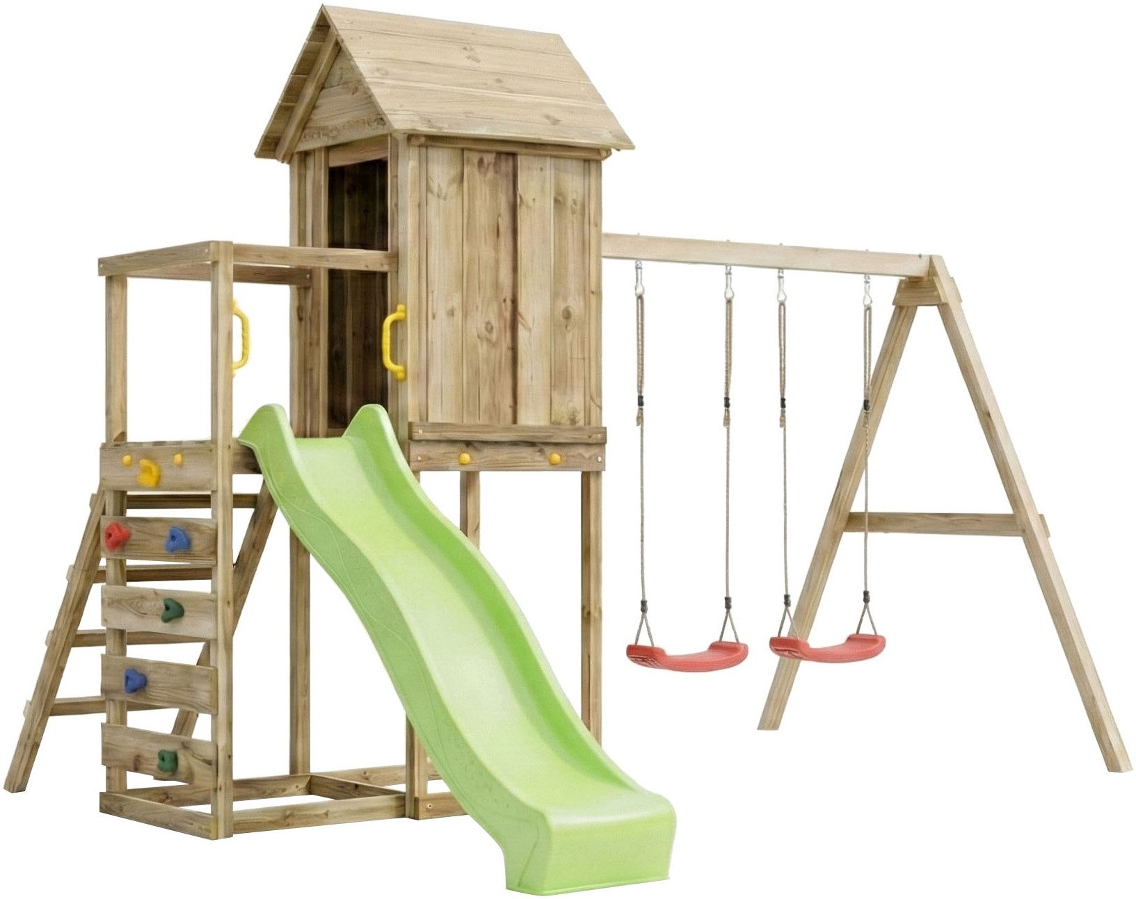 FUNGOO Spielturm MaxPlay 5, mit Spielhaus, Rutsche, Doppelschaukel, Kletterwand