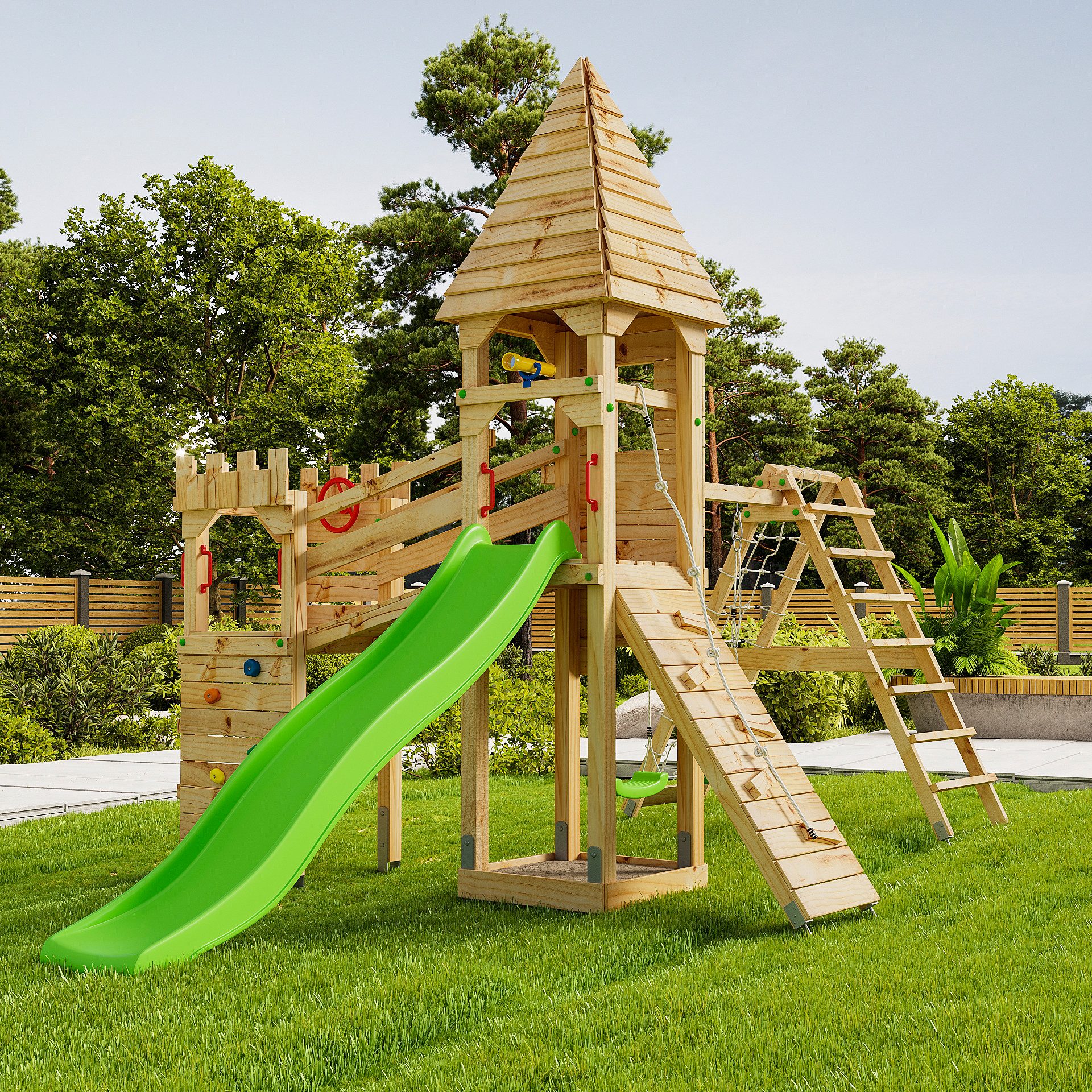 bibex Spielturm Ritterburg "XL150" (Spitzdach) Lange Rutsche