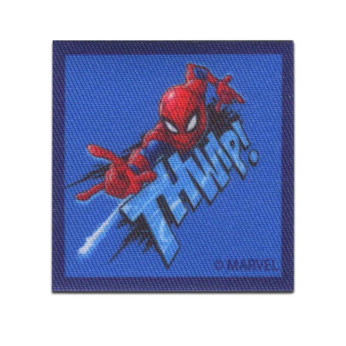 MARVEL Aufnäher Bügelbild, Aufbügler, Applikationen, Patches, Flicken, zum aufbügeln, Polyester, Spiderman Comic Thwip! - Größe: 5,8 x 5,8 cm