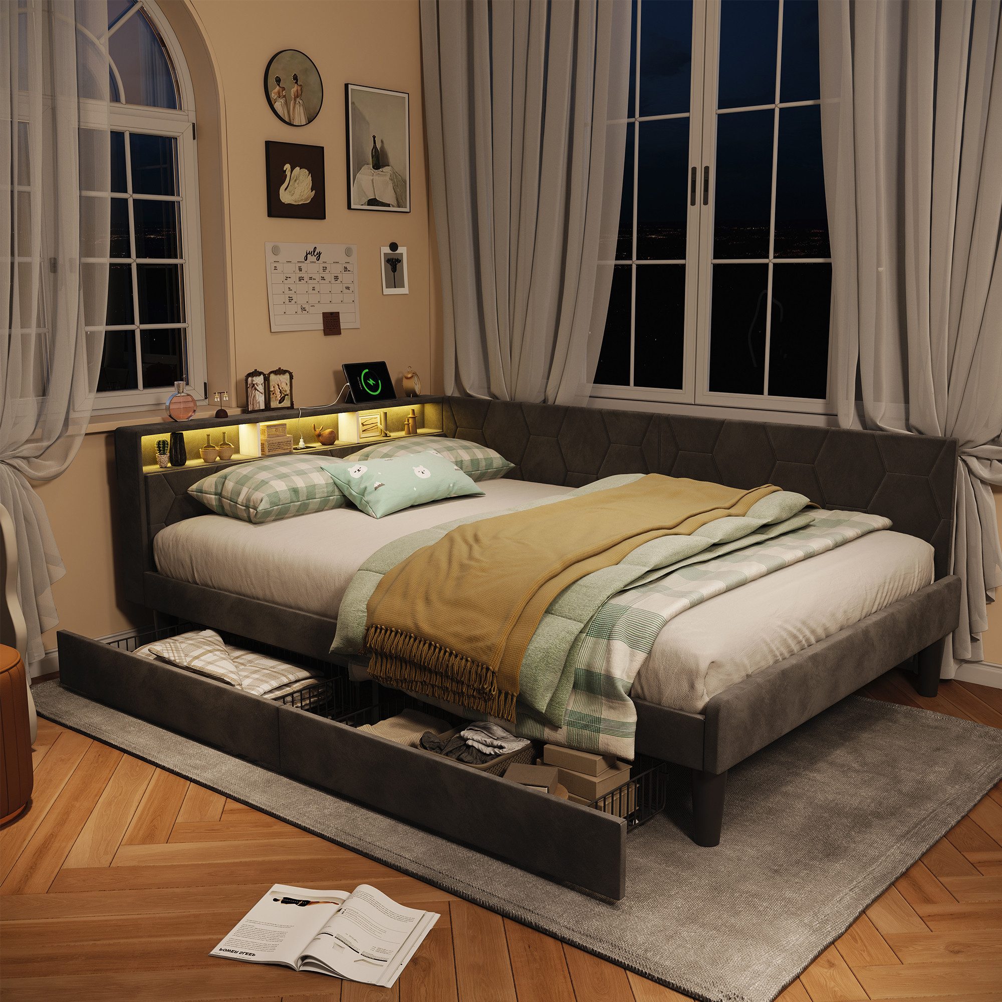 Gdood Polsterbett Daybett Tagesbett Ausziehbett LED 90 x 200 cm Samtstoff (1-tlg., LED-Beleuchtung, Ladestation, in 2 Größen verfügbar), 2 Schubladen, Kopfteil Verwandelt sich in ein Bett