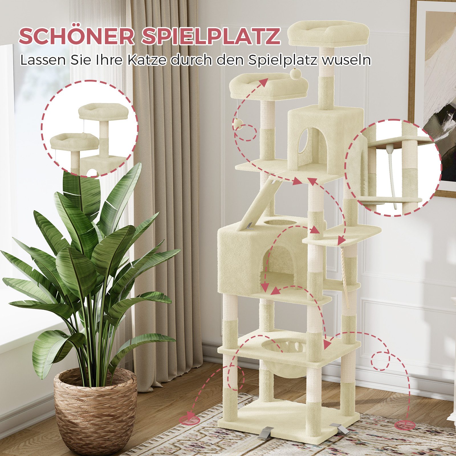 Dogat Kratzbaum Kratzbaum, Katzenbaum für große Katzen, mit Kletterturm 208cm, mehrstöckiger Katzenbaum, 208cm Höhe, XXL, mit Höhlen und Liegemulden