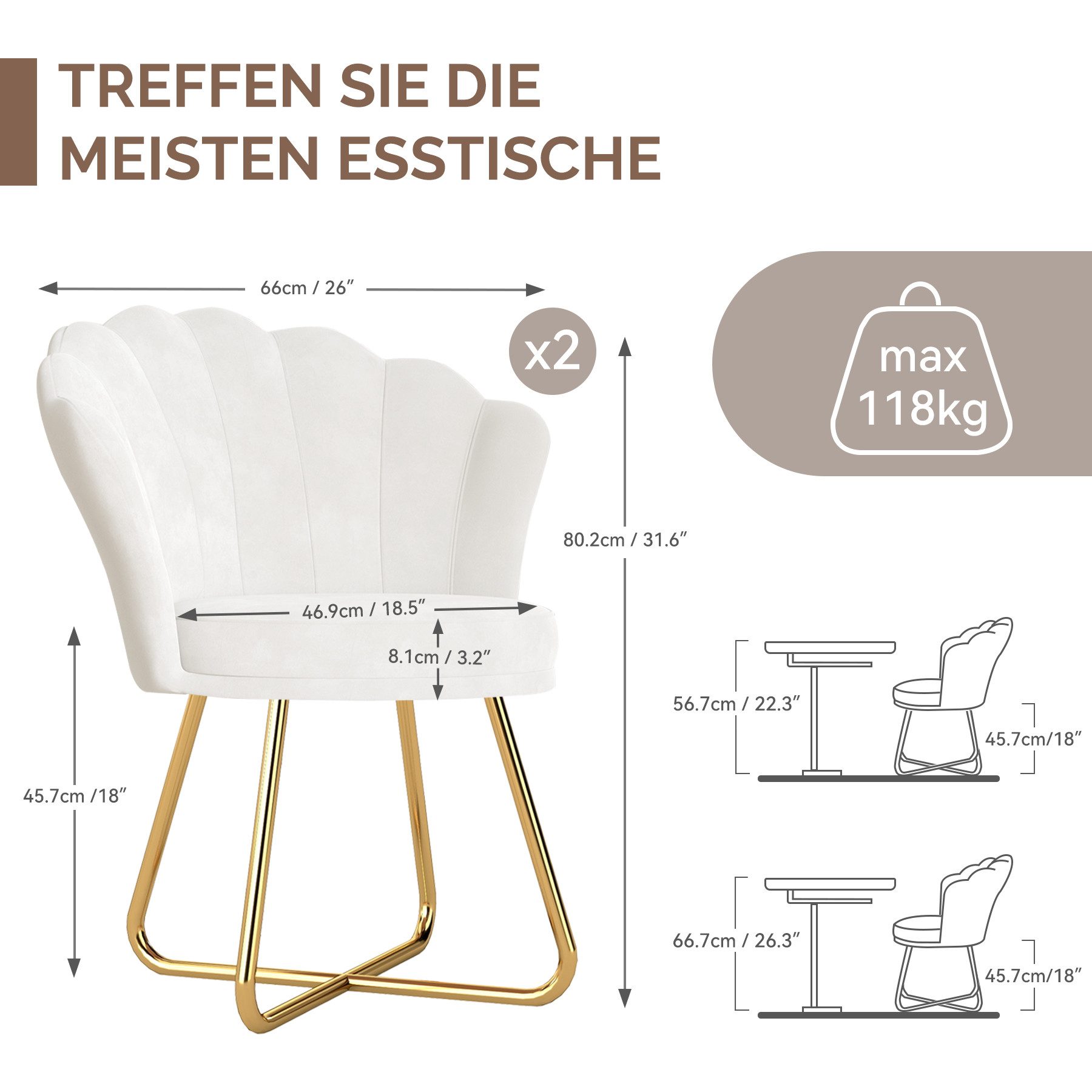 HawthyHome Polsterstuhl Polstersessel mit Blütenblatt-Rückenlehne & Goldene Metallbeine (1 St), ideal für Esszimmer & Schminktisch