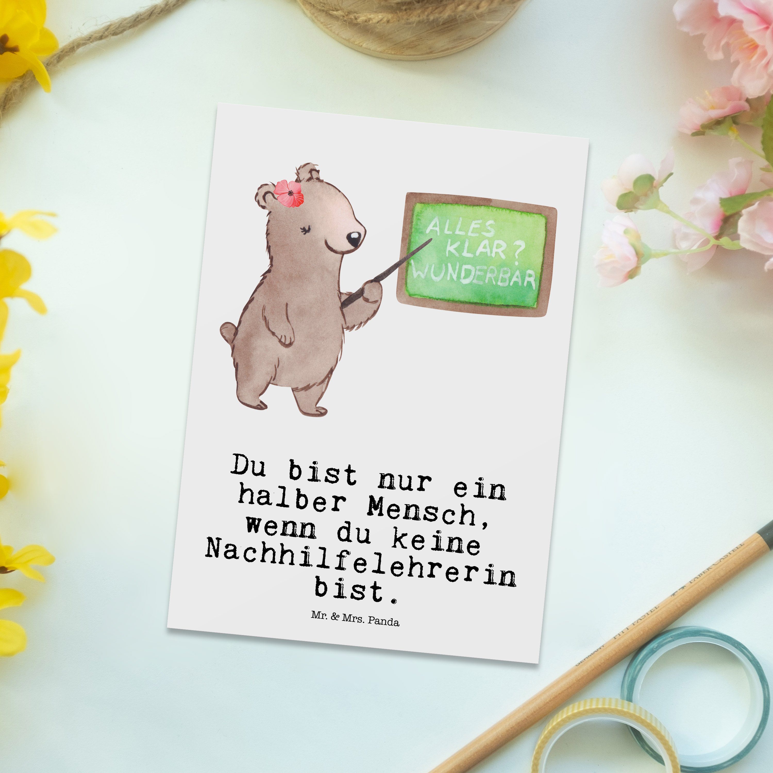 Mr. & Mrs. Panda Postkarte mit Weiß - Geschenk, Nachhilfelehrerin - Grußka Herz Nachhilfeschule