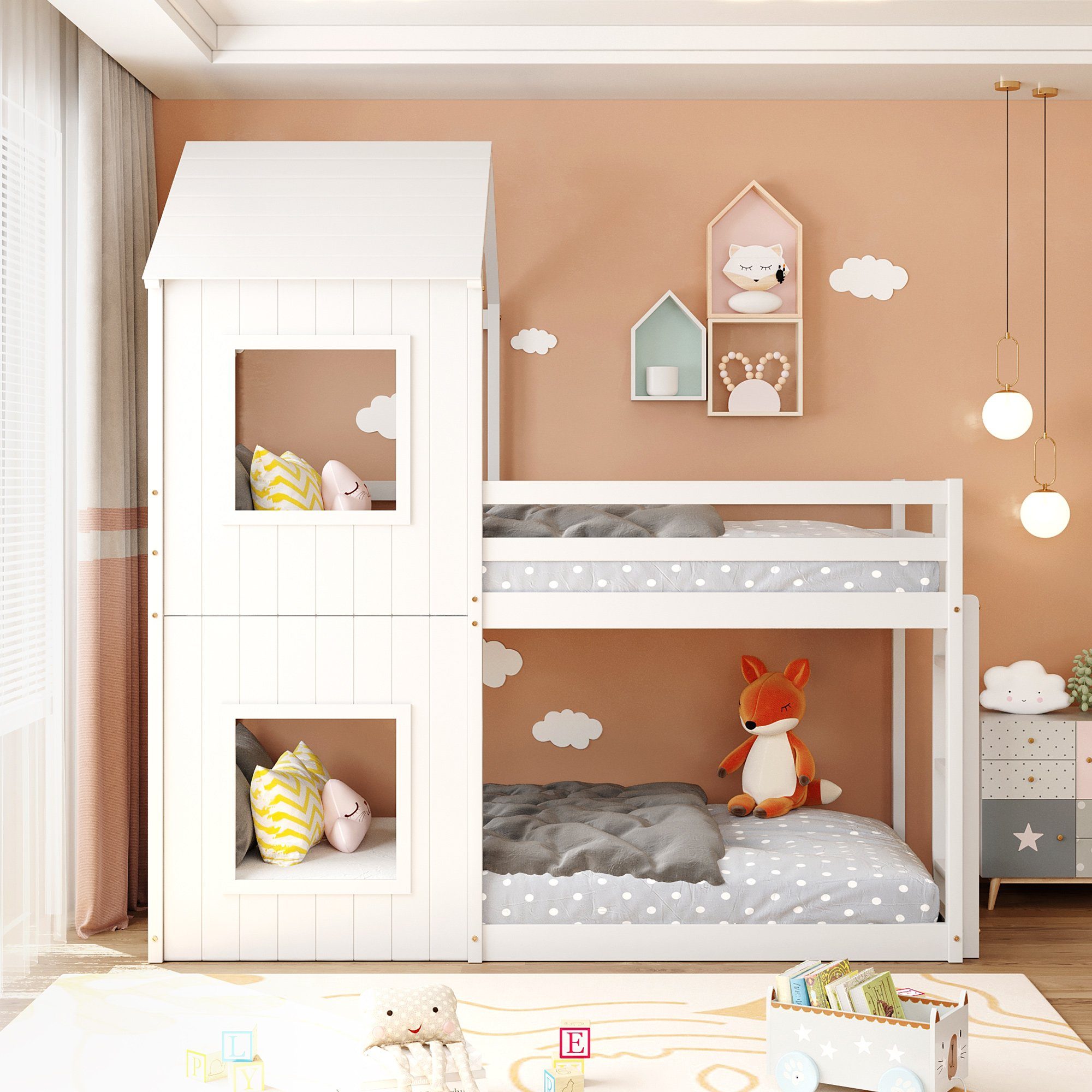 Etagenbett, Hochbett mit 2 Schlafgelegenheiten, Hausbett Kinderbett mit Treppe und Lattenrost, 200x90cm, Kiefer