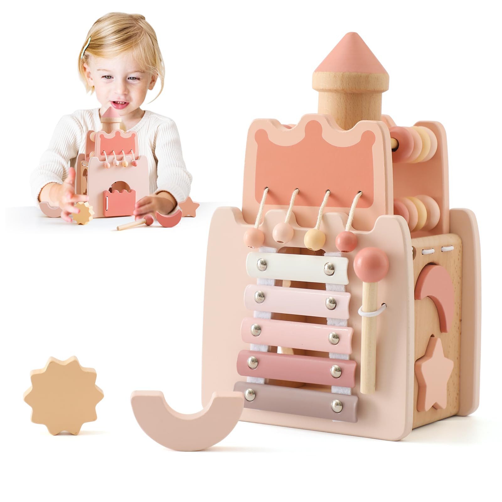 CLTYQ Motorikwürfel Montessori Spielzeug Baby Holzspielzeug,5 in 1 Schloss günstig online kaufen
