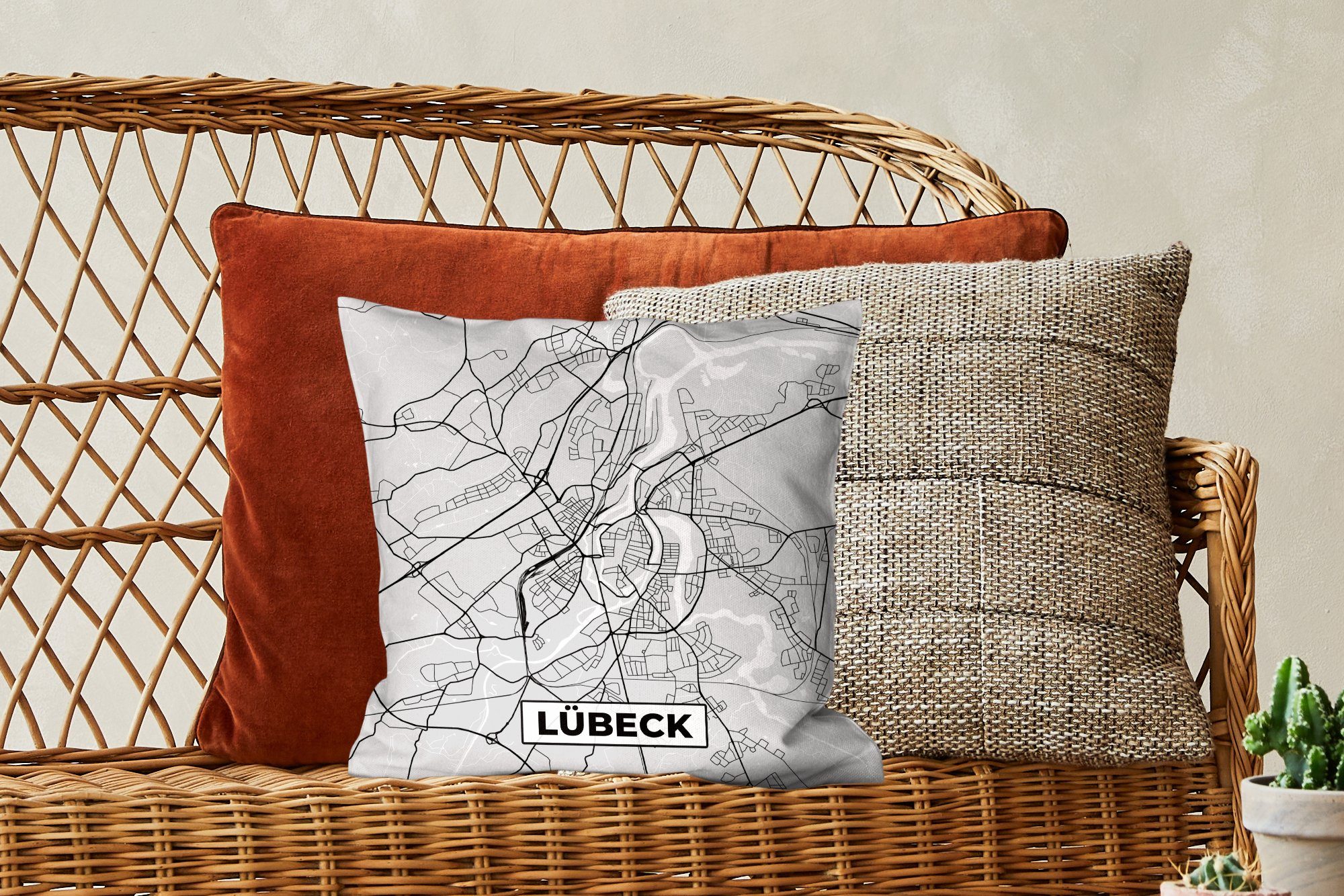 MuchoWow Dekokissen Deutschland Lübeck - mit Karte, Sofakissen für Stadtplan Füllung - - Wohzimmer, Deko, Schlafzimmer, Zierkissen