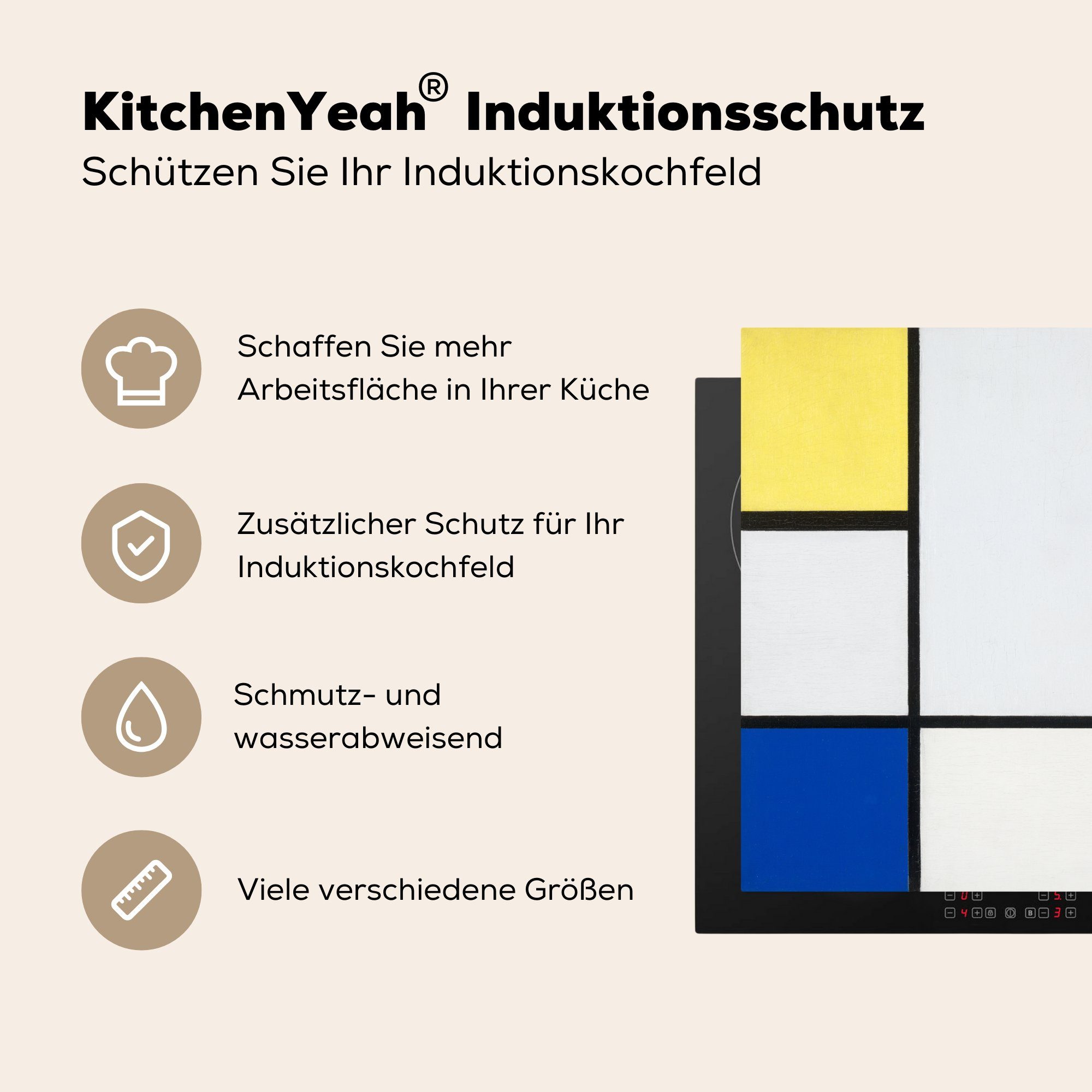 Schwarz Piet Ceranfeldabdeckung, Mondrian, mit MuchoWow Herdblende-/Abdeckplatte Arbeitsplatte und - 78x78 tlg), Blau Komposition für cm, küche (1 Gelb, Vinyl,