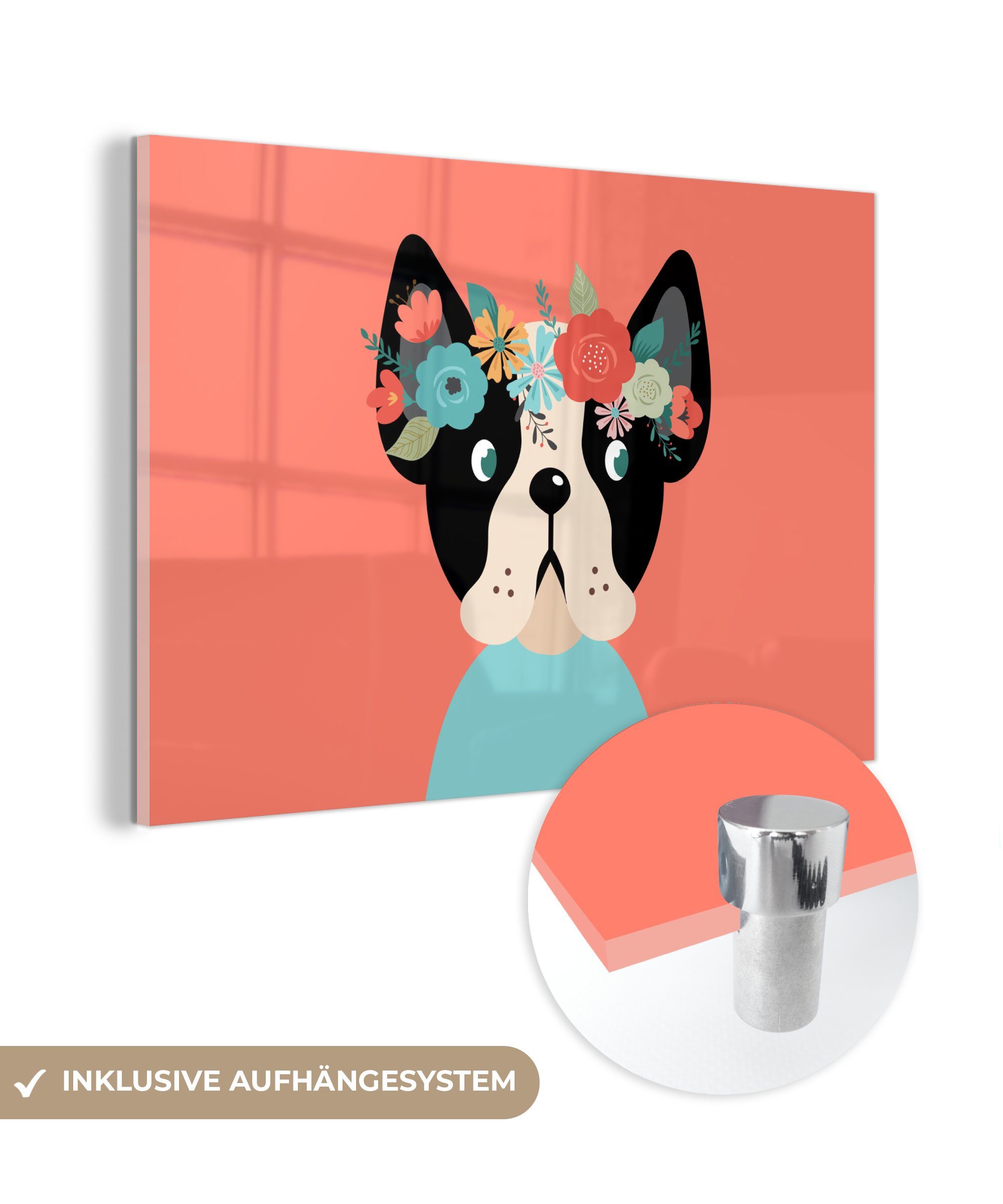 MuchoWow Acrylglasbild Hund - Blumen - Krone, (1 St), Acrylglasbilder Wohnzimmer & Schlafzimmer