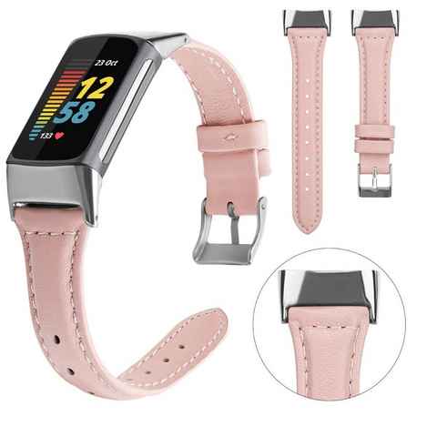 Wigento Smartwatch-Armband Für Fitbit Charge 6 / 5 Leder Sport Watch Armband Frauen Größe S Rosa