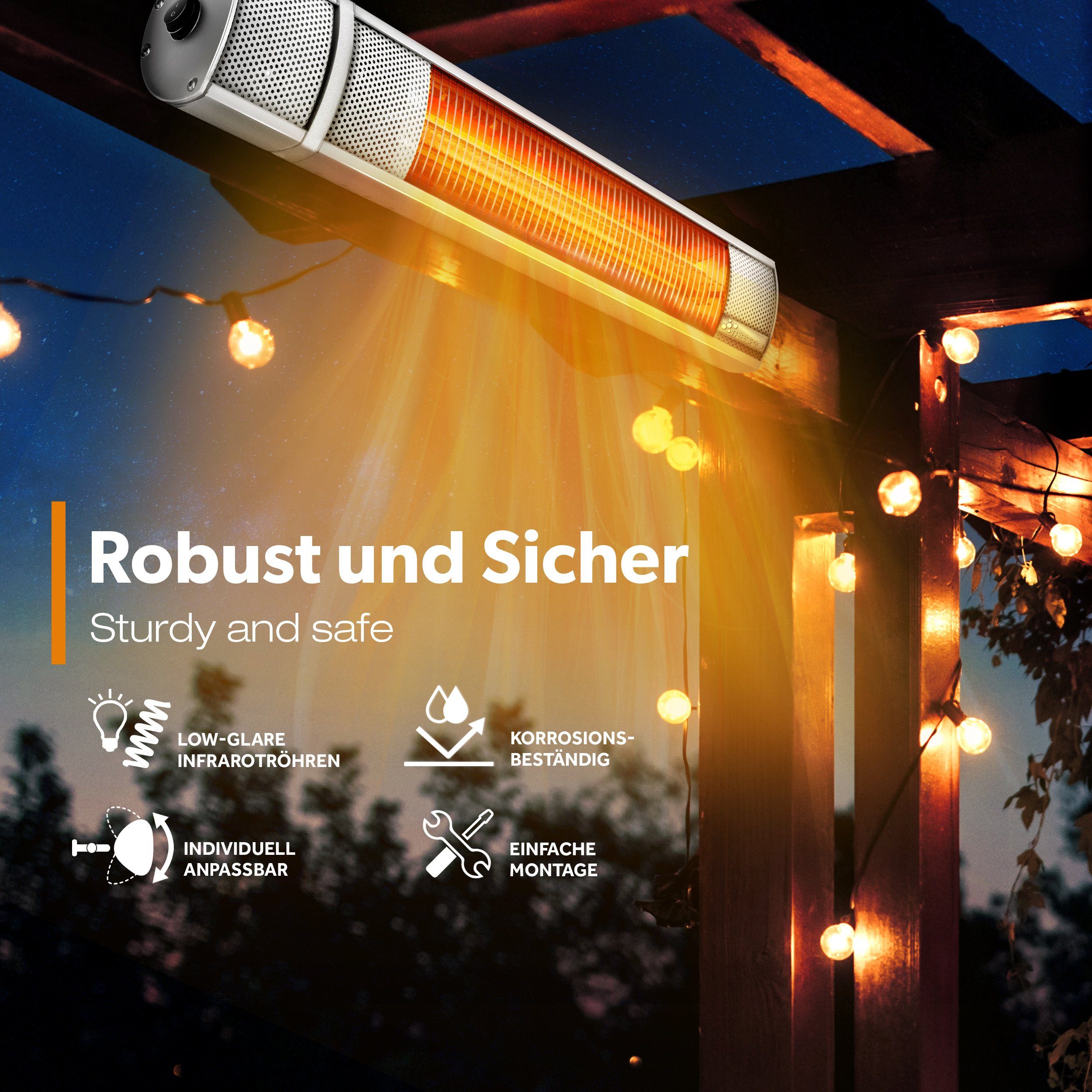 TRESKO Heizstrahler Infrarot 2000W mit Fernbedienung Wärmestrahler Terrasse elektrisch, mit 3 Heizstufen Terrassenstrahler Innen & Außen Wand-Heizstrahler