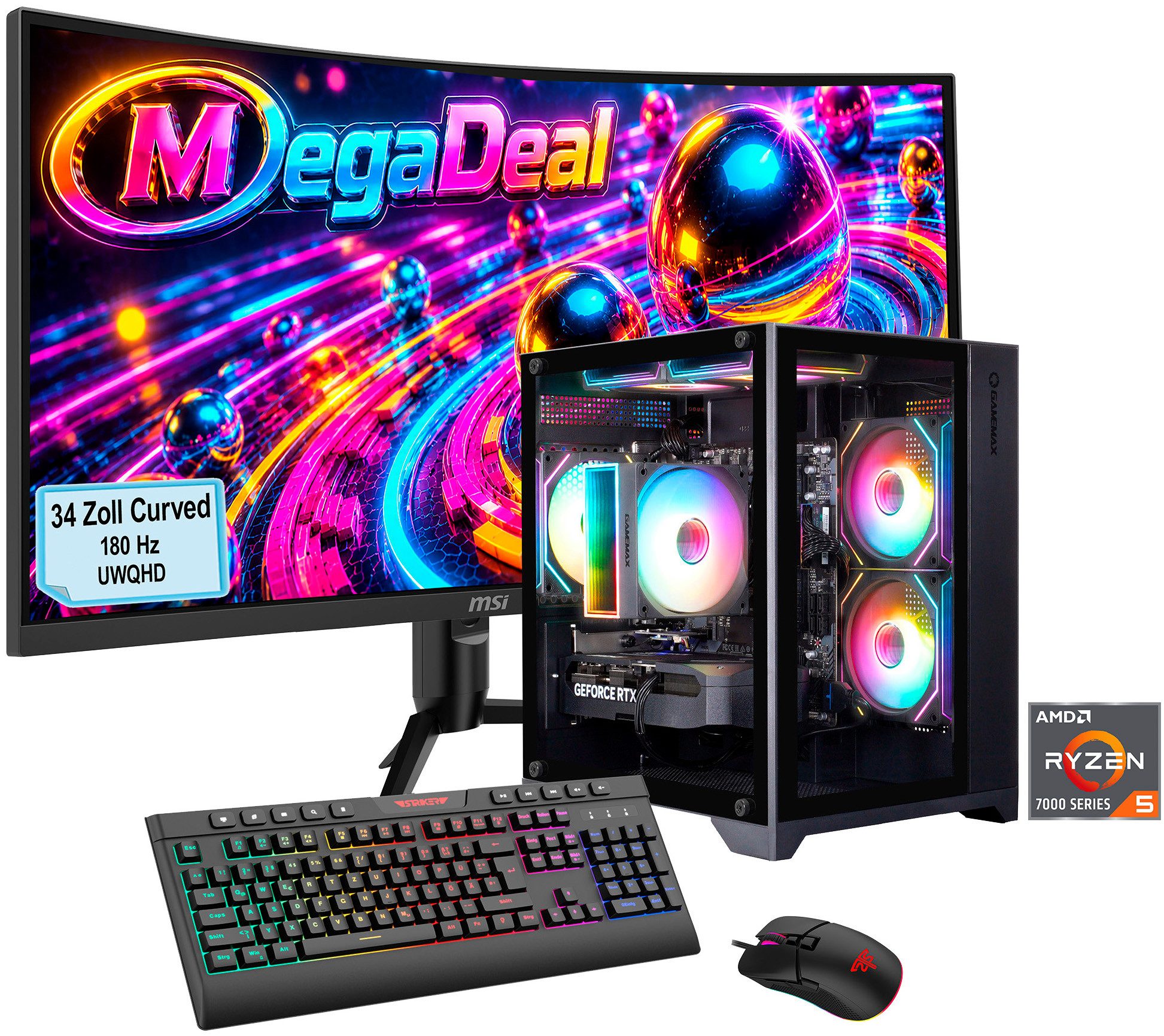 GAMEMAX MegaDeal Infinity Mini BK 2837 AMD Ryzen 5 7500F 32GB DDR5 1TB SSD Gaming-PC-Komplettsystem (34", AMD Ryzen 5 7500F, RTX 5060 Ti, 32 GB RAM, 1000 GB SSD, Windows 11, DDR5 RAM + MSI MAG 342CQR E2 Curved Monitor 86cm (34)