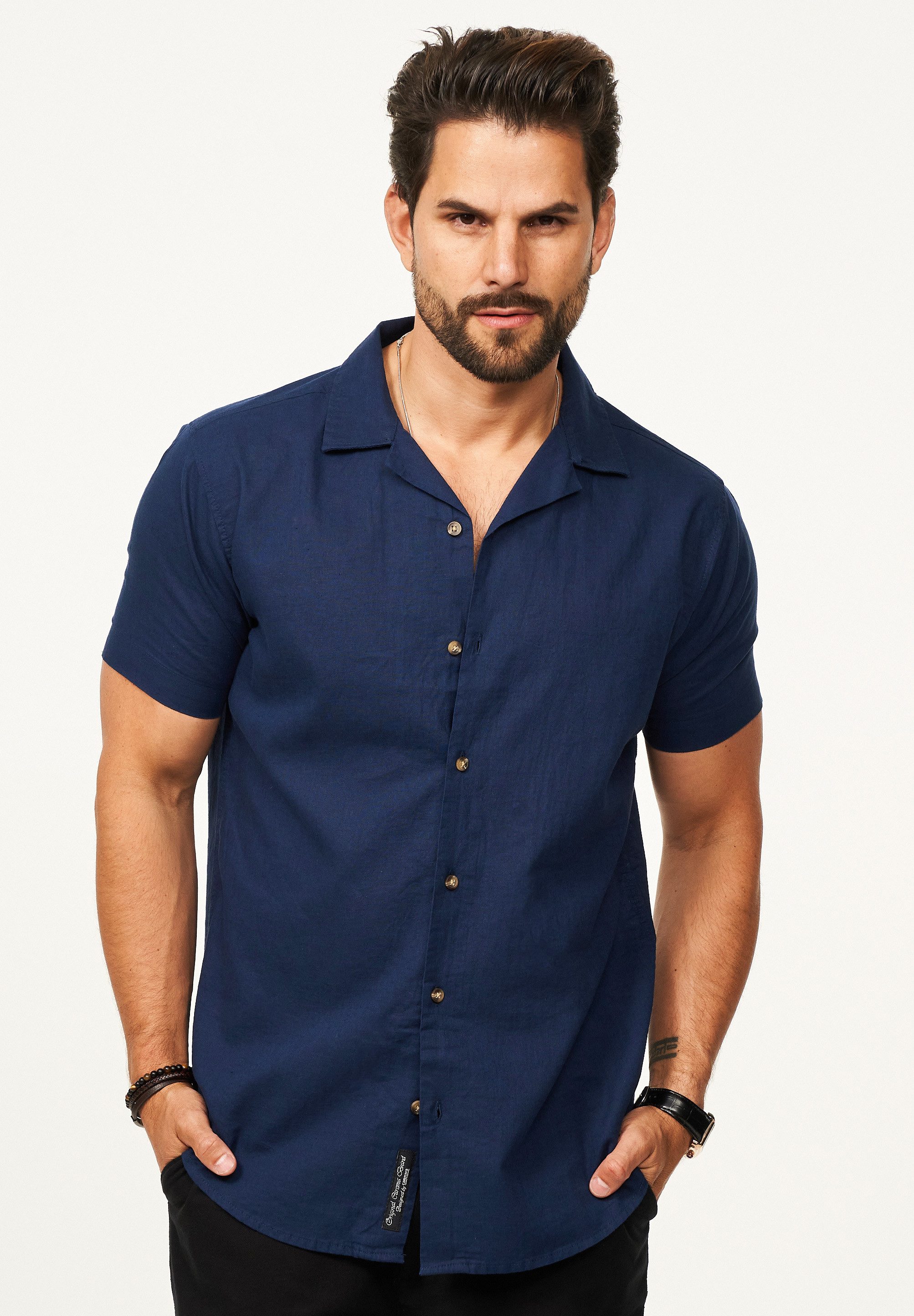 behype Kurzarmhemd aus Leinen Sommerhemd im Regular-Fit Herren Leinenhemd F günstig online kaufen