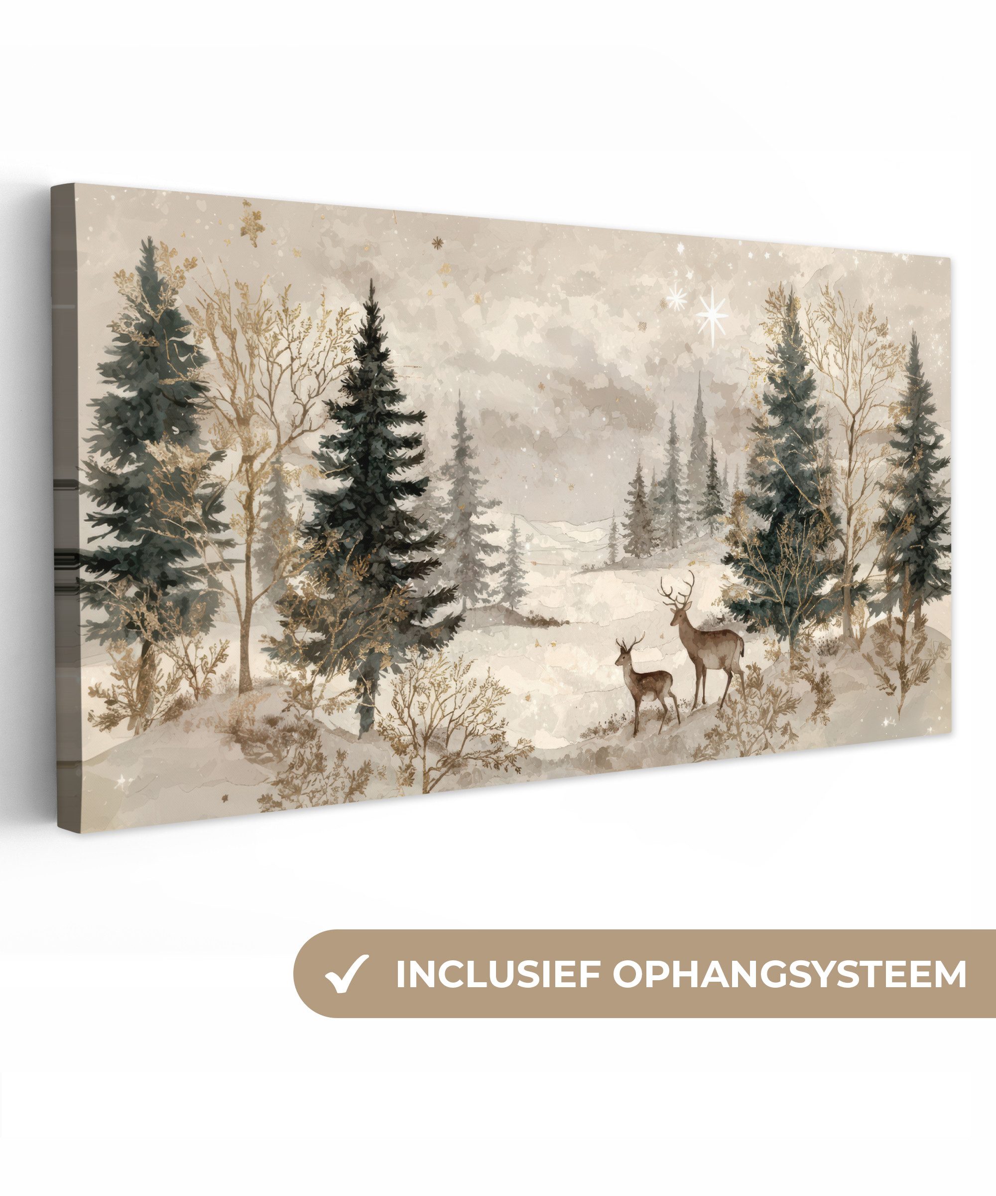 OneMillionCanvasses® Leinwandbild Panorama Wald - Hirsche - Winter - Schnee, Fotodruck (1 St), Wandbild, Deko Schlafzimmer Wohnzimmer Flur 40x20 cm